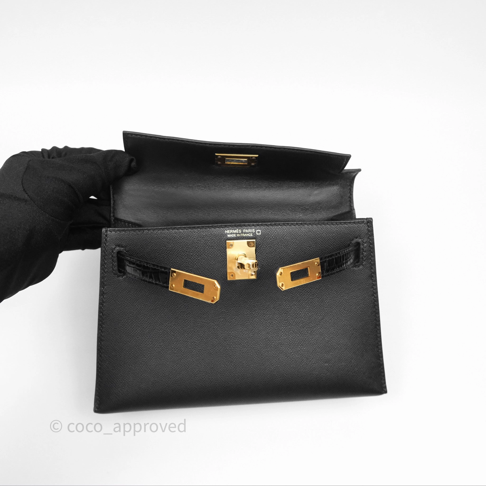 - DM/Email To Purchase - Herms Mini Kelly II Touch Noir 89 Croc Gold Hardware