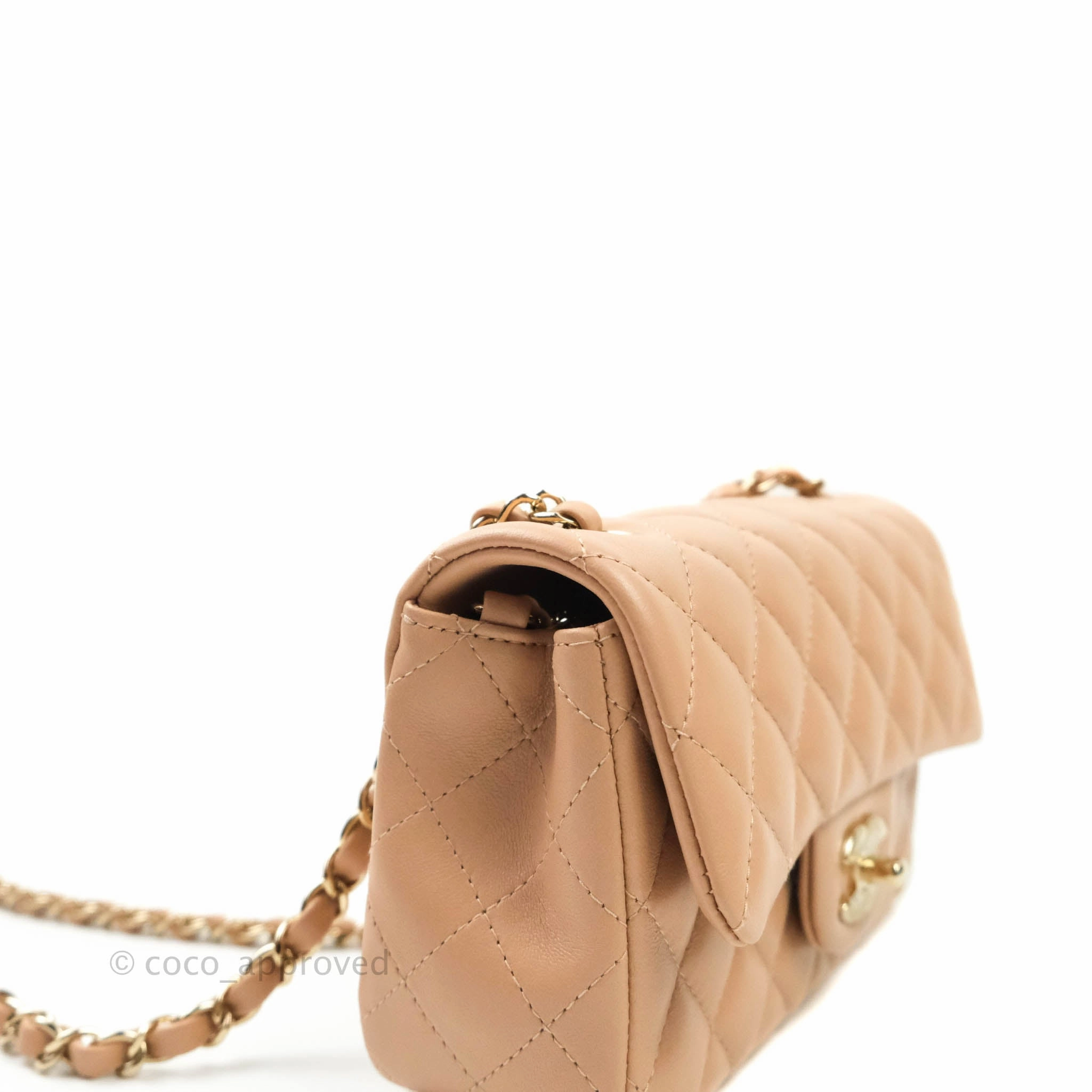 CChanel Quilted Mini Rectangular Lambskin Beige Gold Hardware 21A