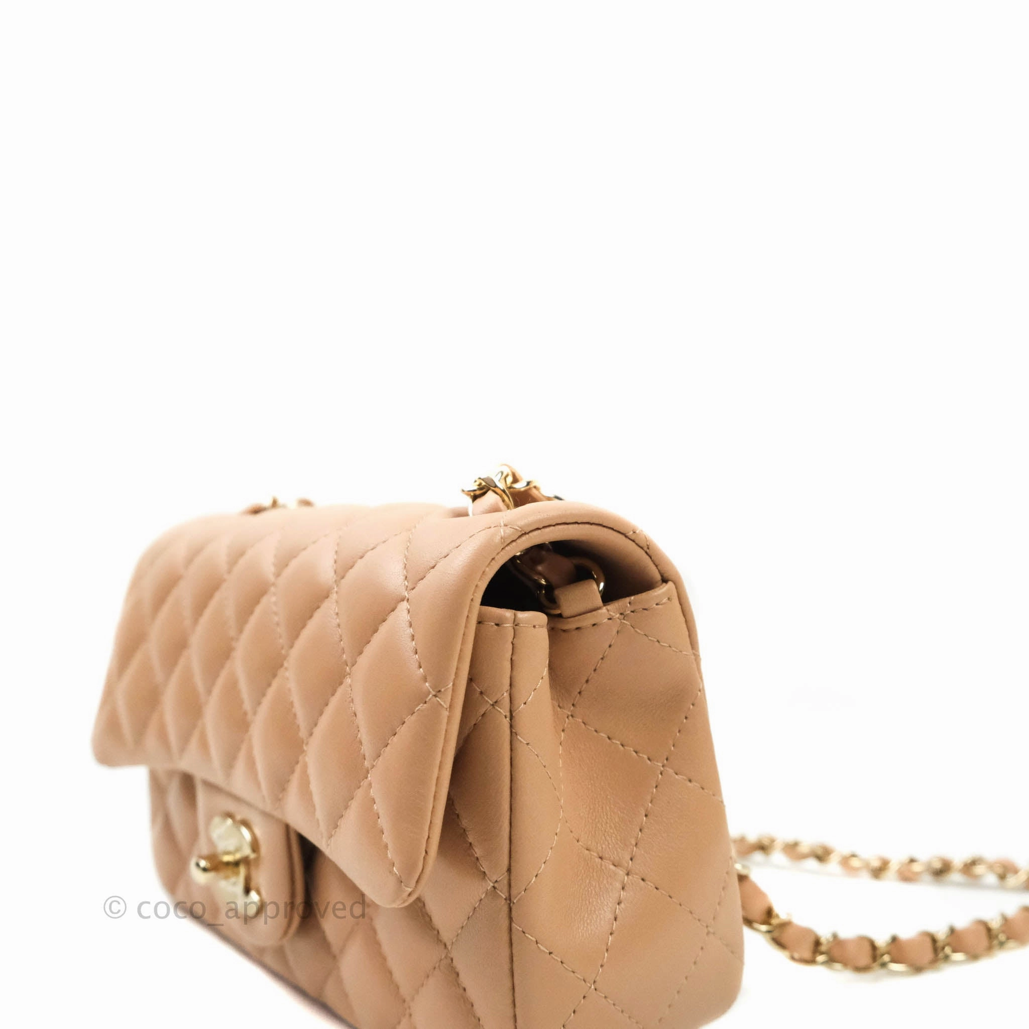 CChanel Quilted Mini Rectangular Lambskin Beige Gold Hardware 21A