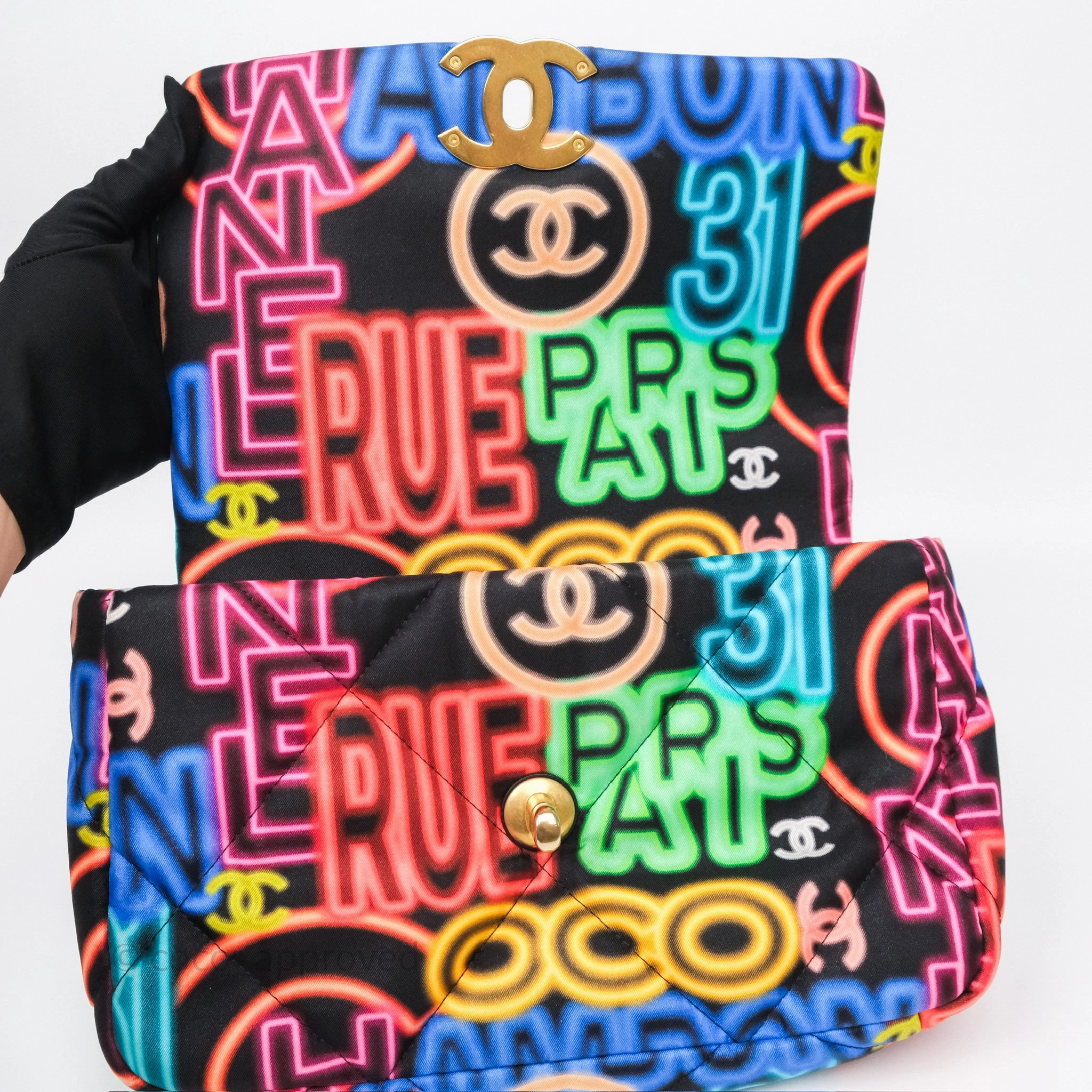 Chanel 19 Small Black Multicolor Fabric Printed Mixed Hardware
