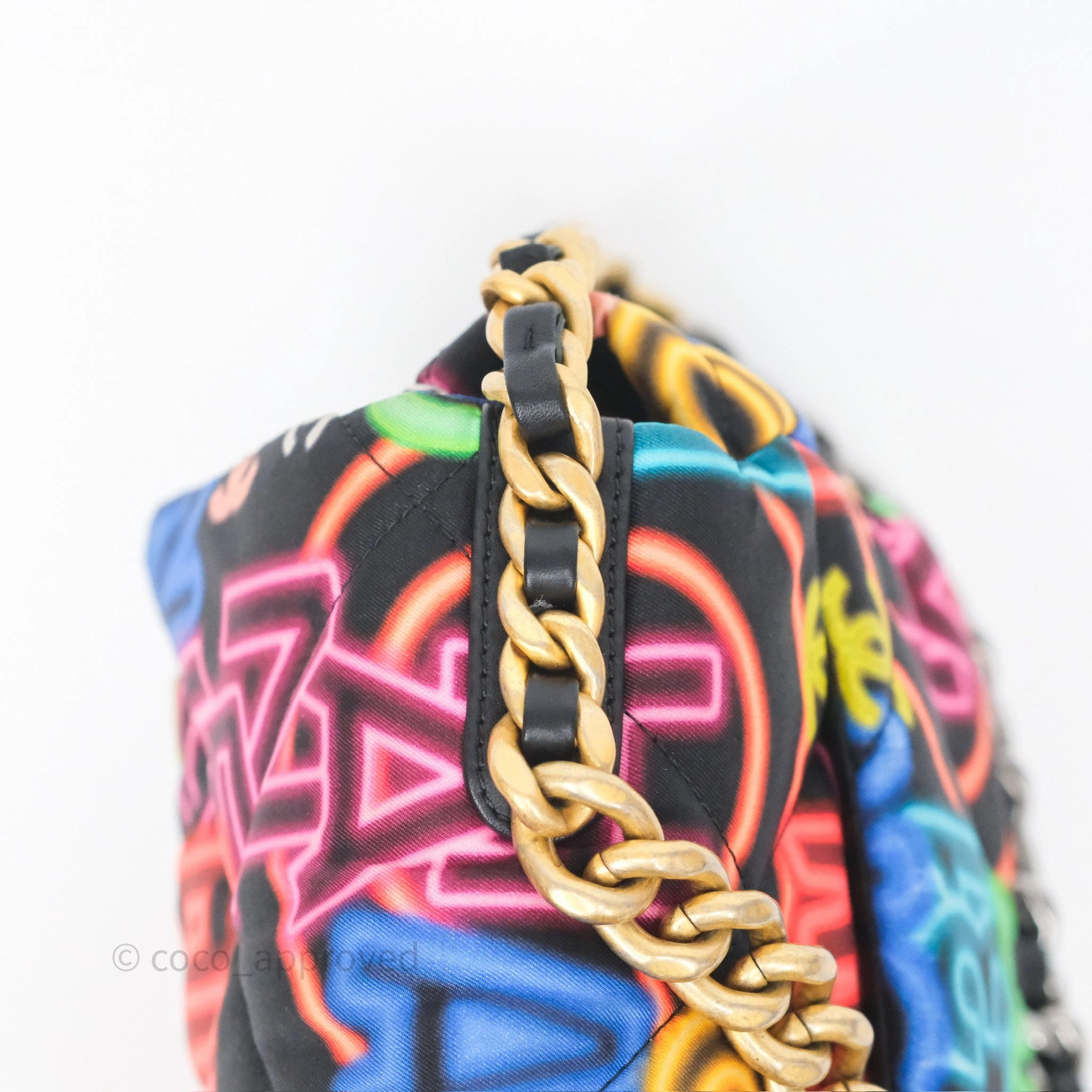 Chanel 19 Small Black Multicolor Fabric Printed Mixed Hardware