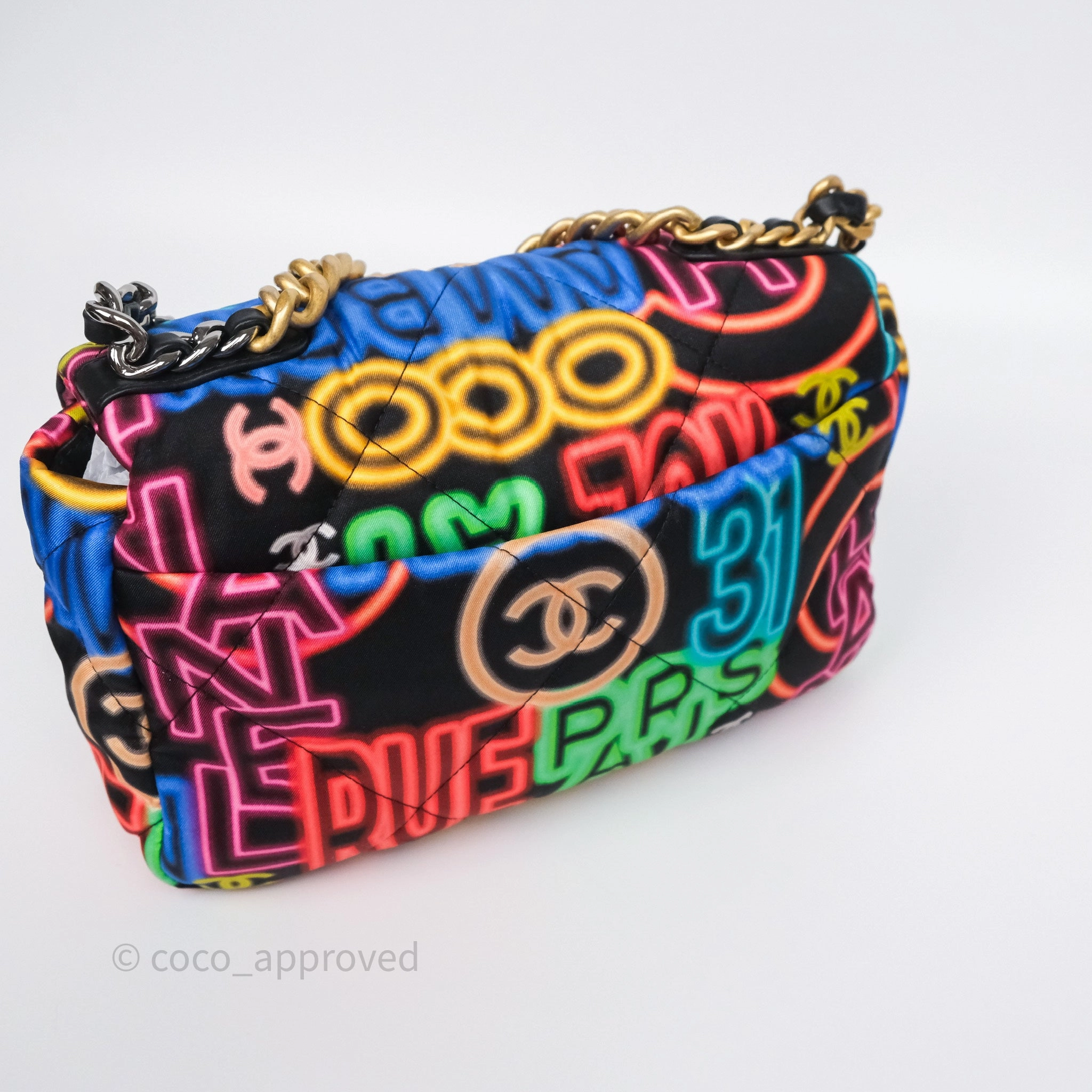 Chanel 19 Small Black Multicolor Fabric Printed Mixed Hardware