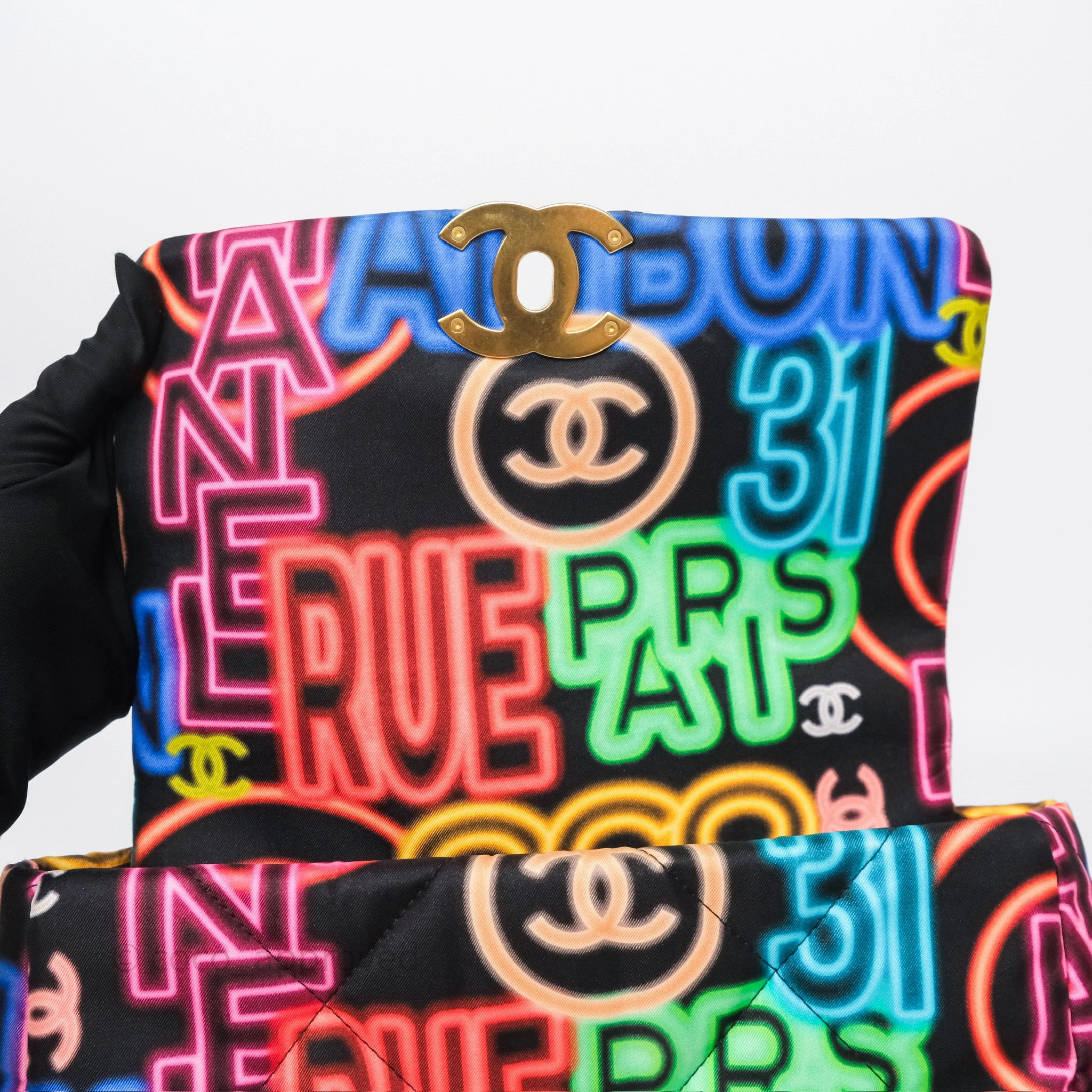 Chanel 19 Small Black Multicolor Fabric Printed Mixed Hardware