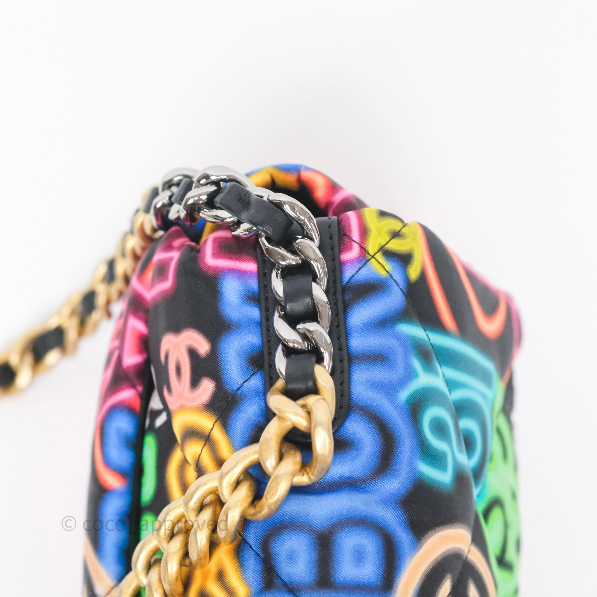 Chanel 19 Small Black Multicolor Fabric Printed Mixed Hardware