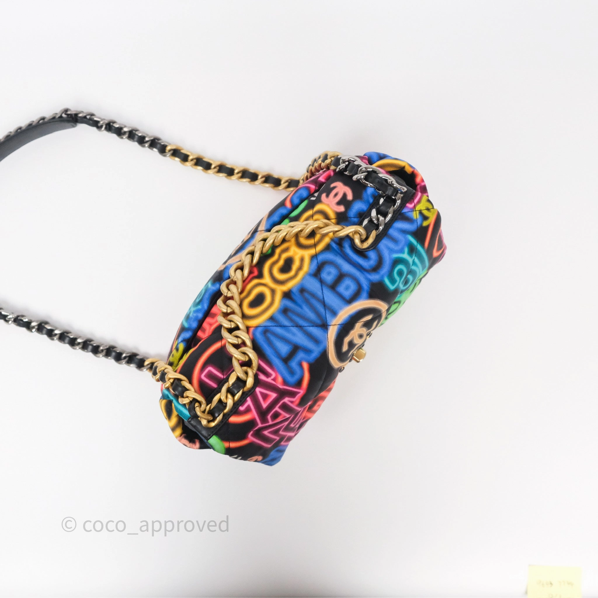 Chanel 19 Small Black Multicolor Fabric Printed Mixed Hardware