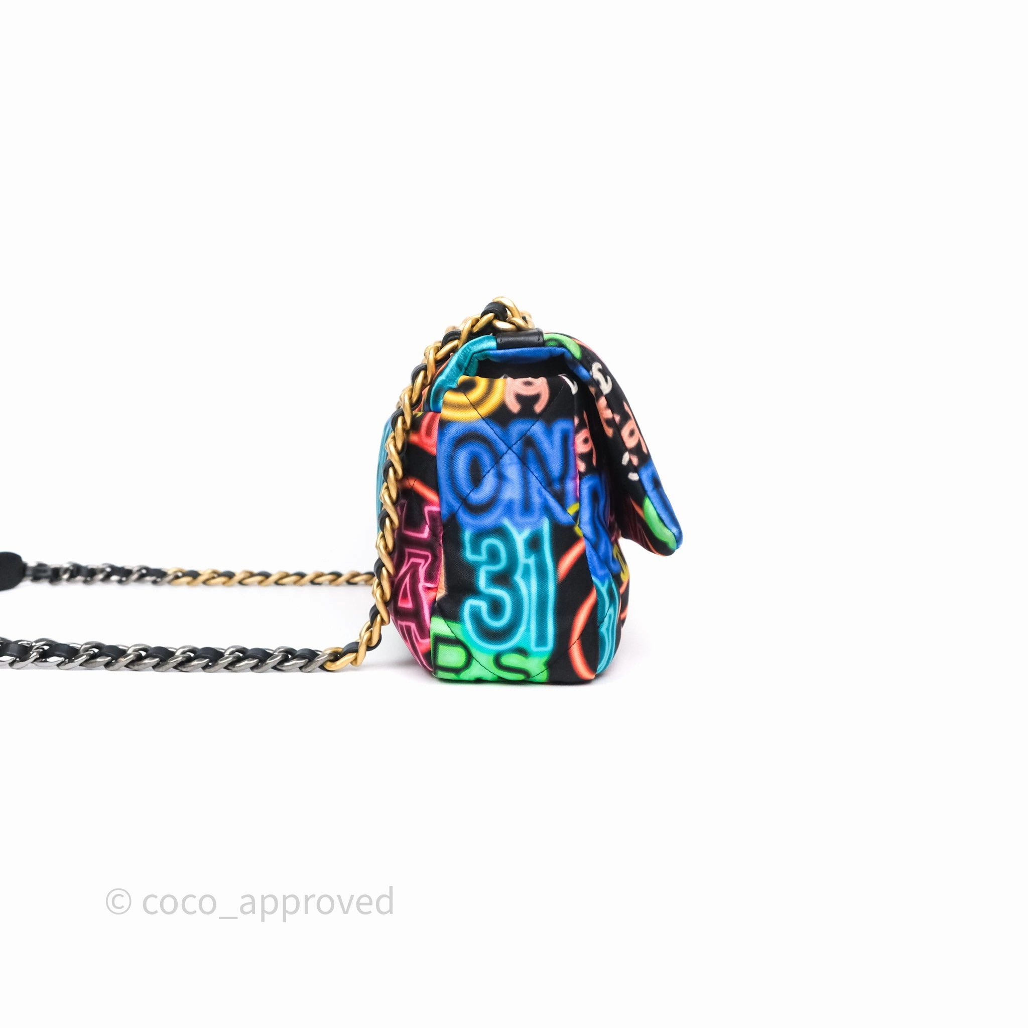 Chanel 19 Small Black Multicolor Fabric Printed Mixed Hardware