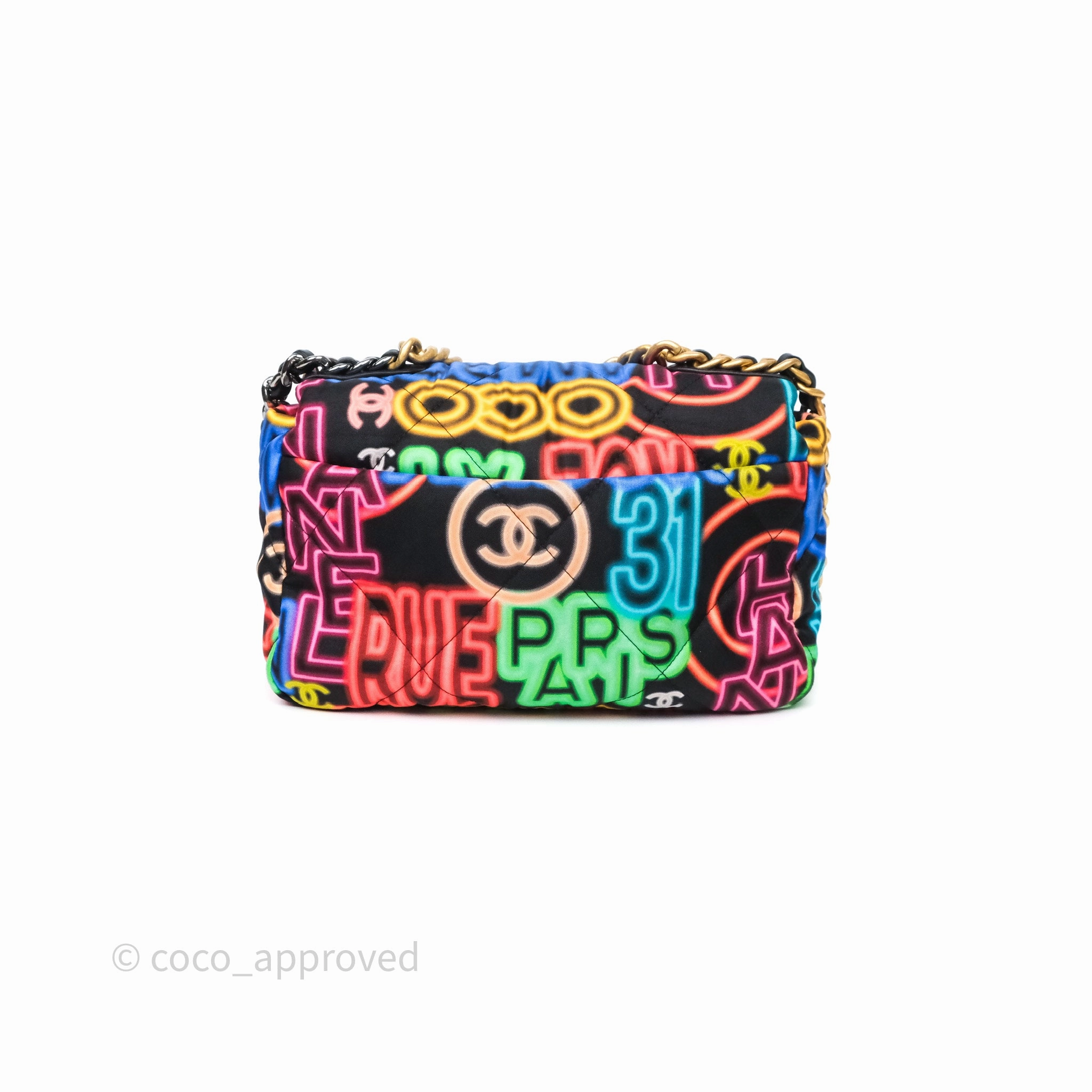 Chanel 19 Small Black Multicolor Fabric Printed Mixed Hardware