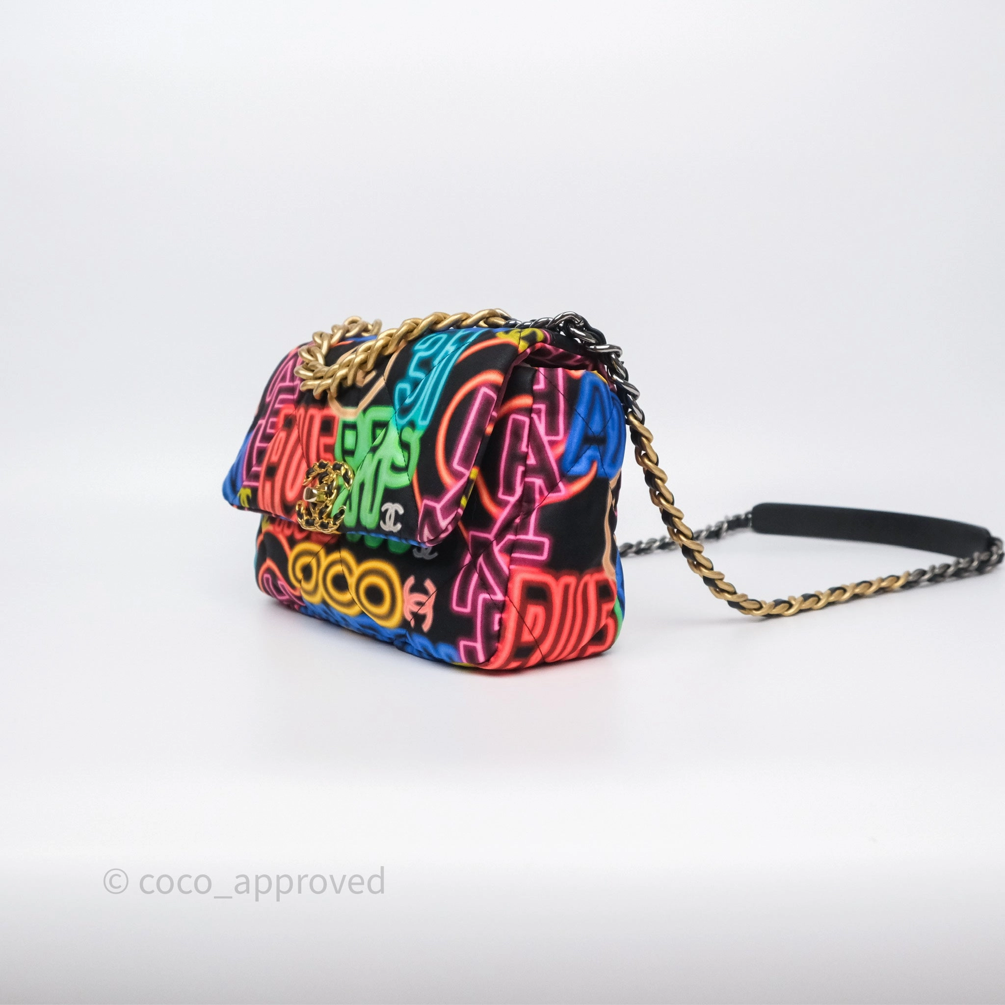 Chanel 19 Small Black Multicolor Fabric Printed Mixed Hardware