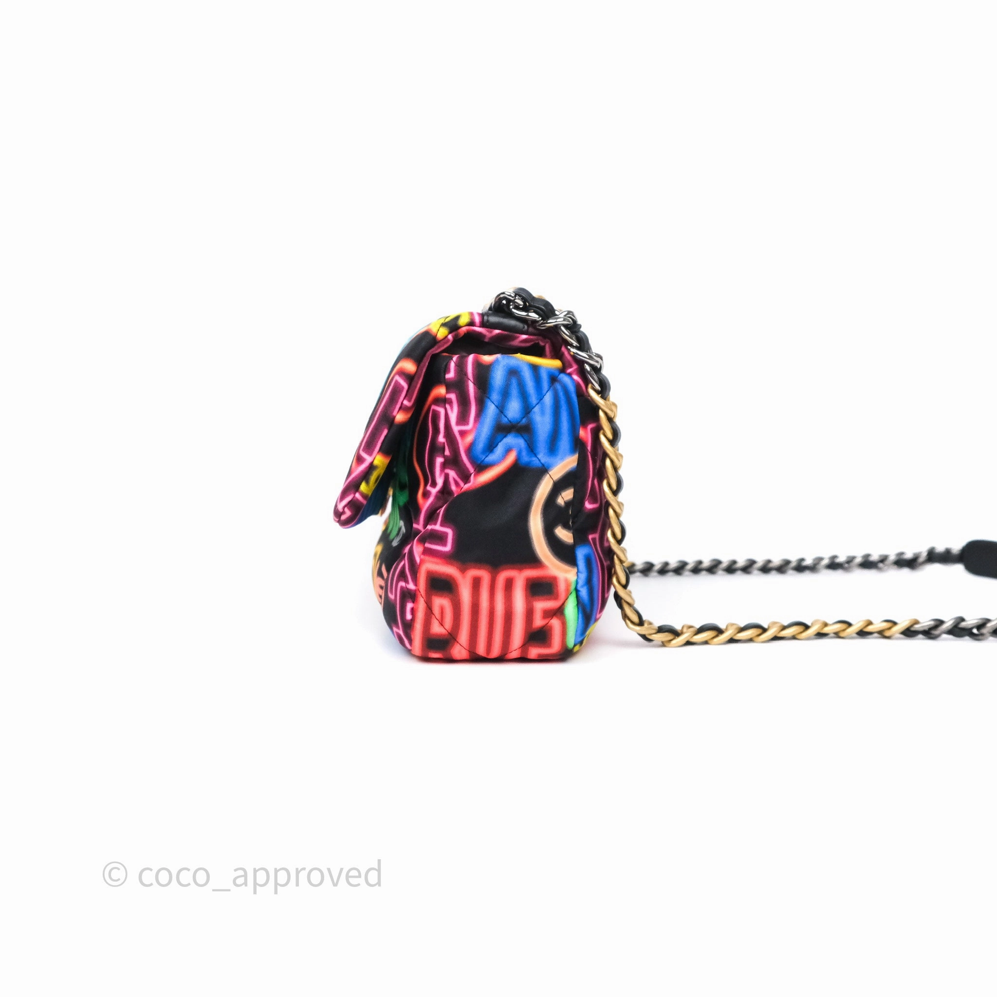 Chanel 19 Small Black Multicolor Fabric Printed Mixed Hardware