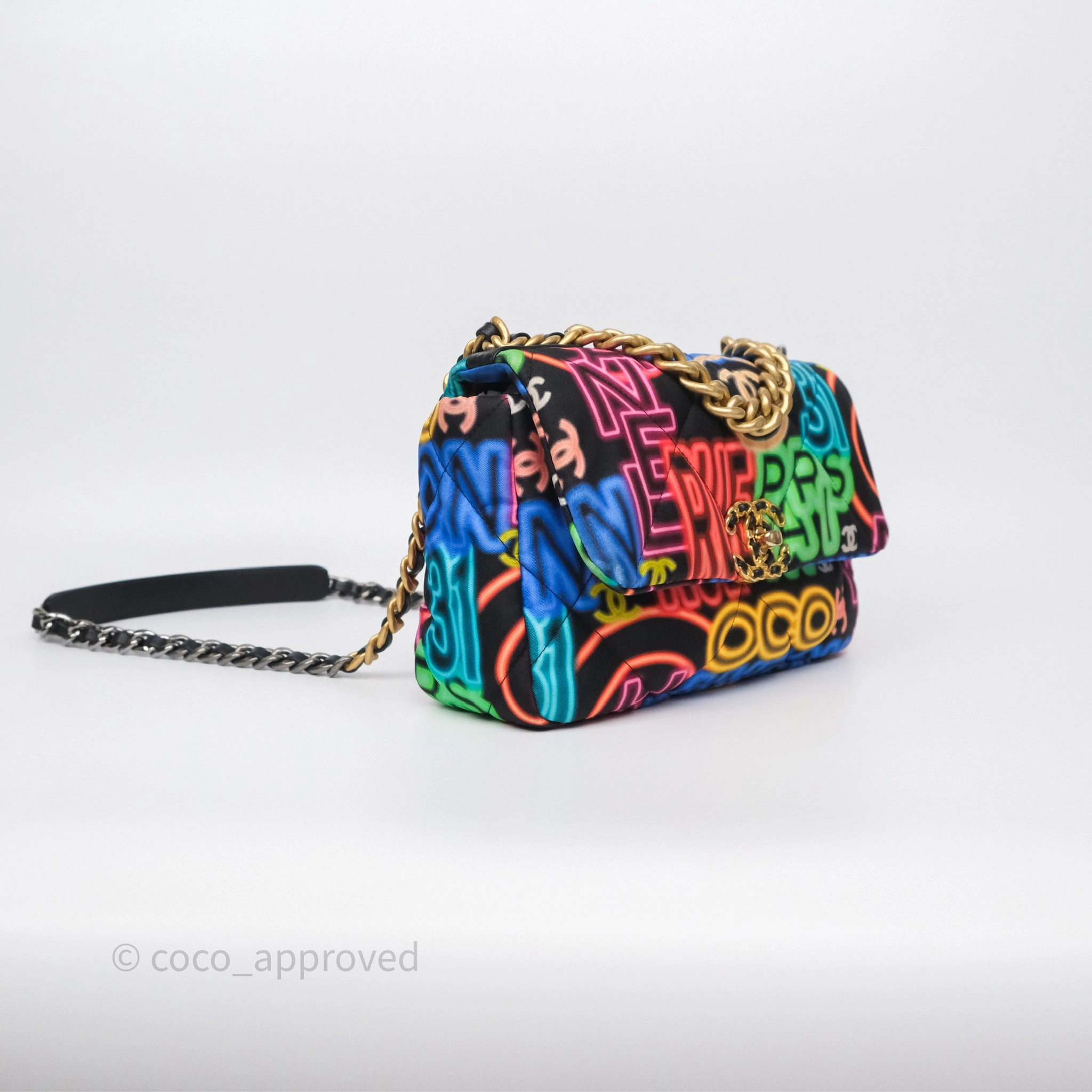 Chanel 19 Small Black Multicolor Fabric Printed Mixed Hardware