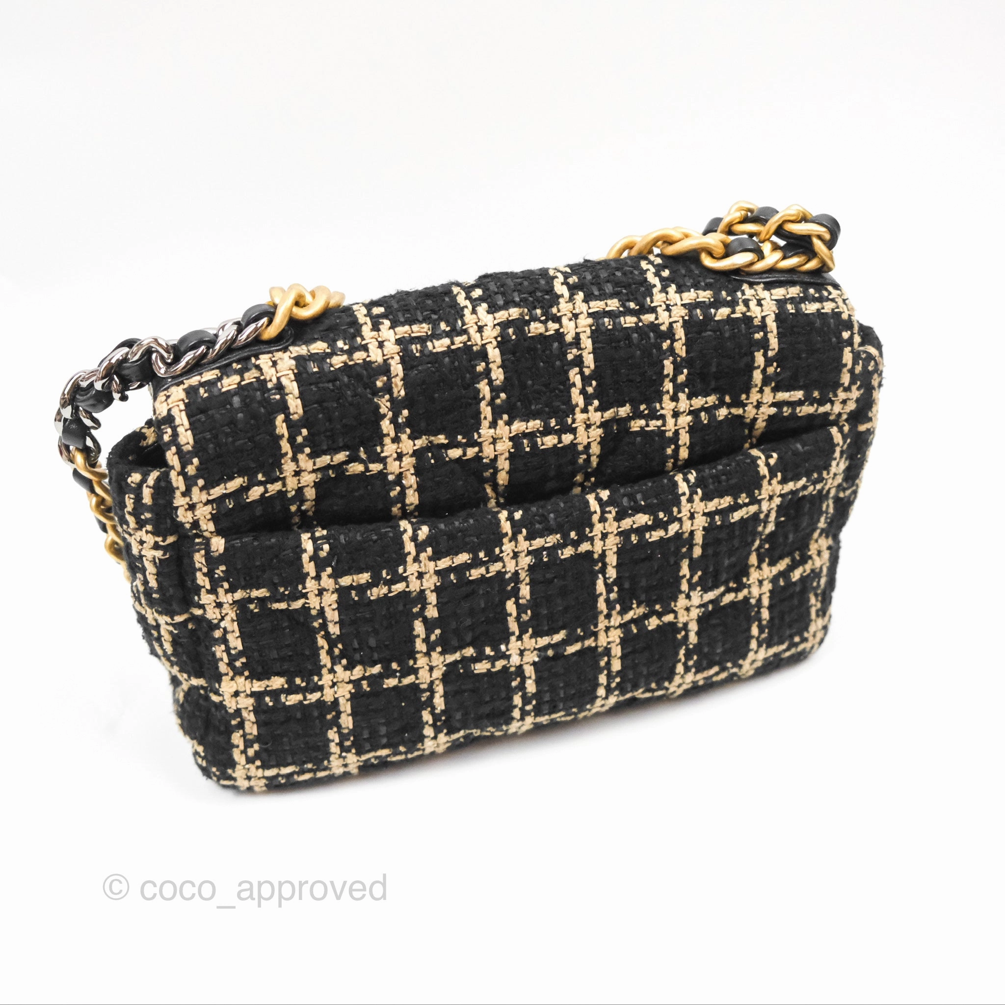 Chanel 19 Small Grid Black Beige Tweed Mixed Hardware
