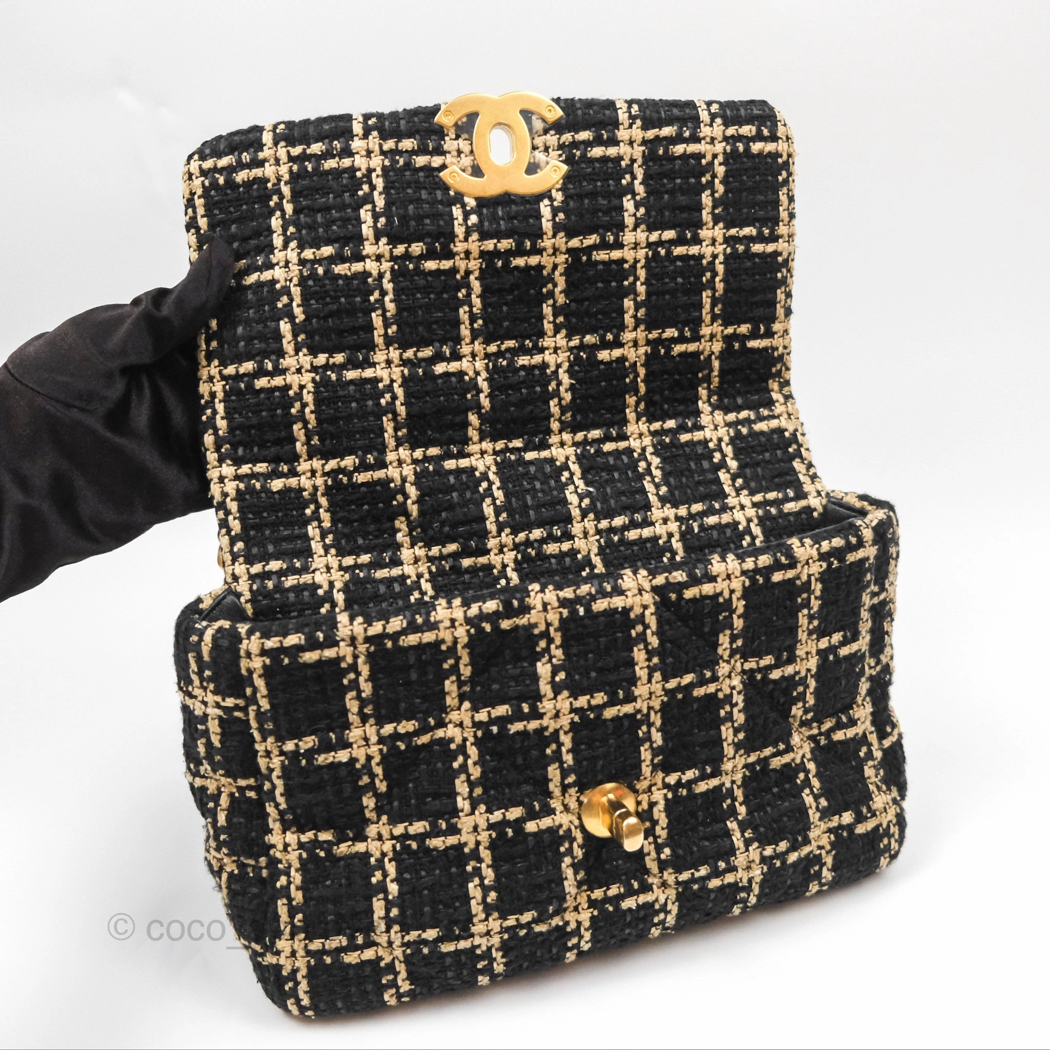 Chanel 19 Small Grid Black Beige Tweed Mixed Hardware