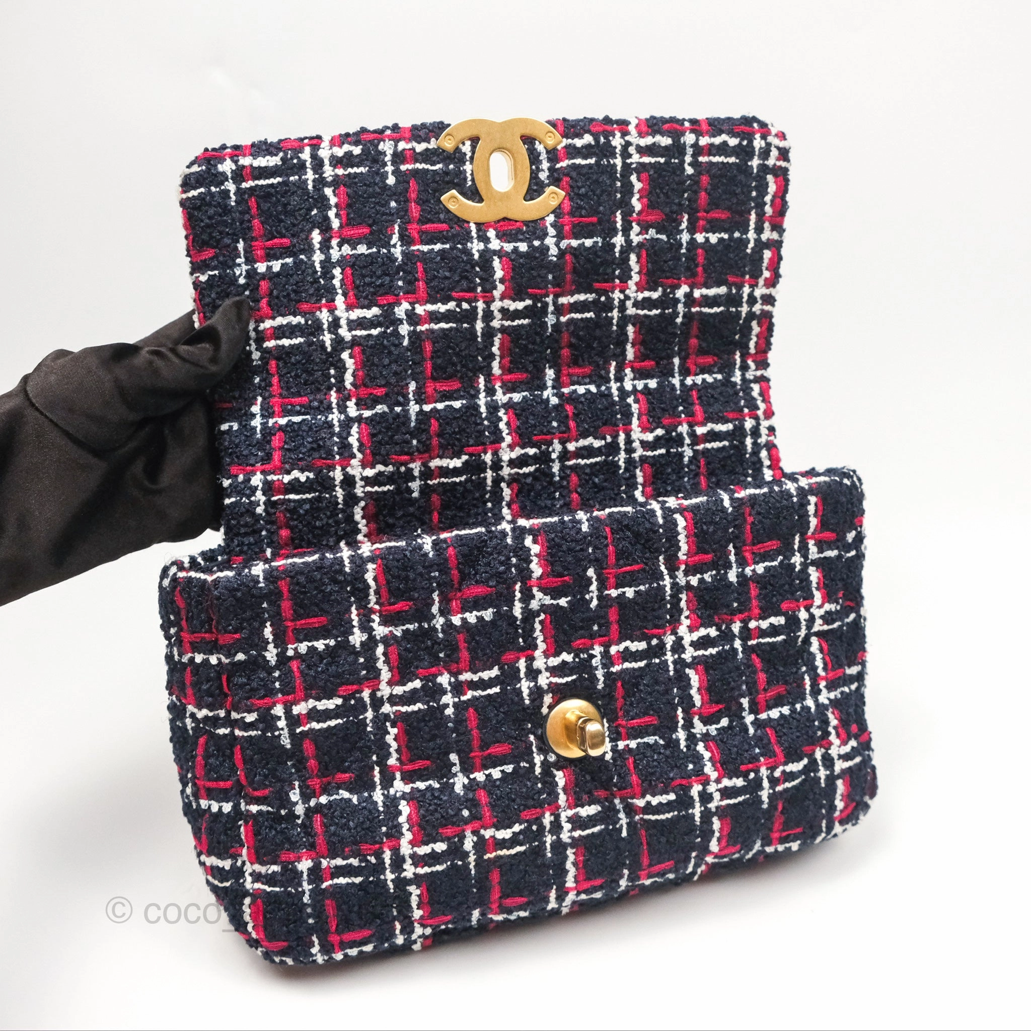 Chanel 19 Small Navy Grid Tweed Mixed Hardware