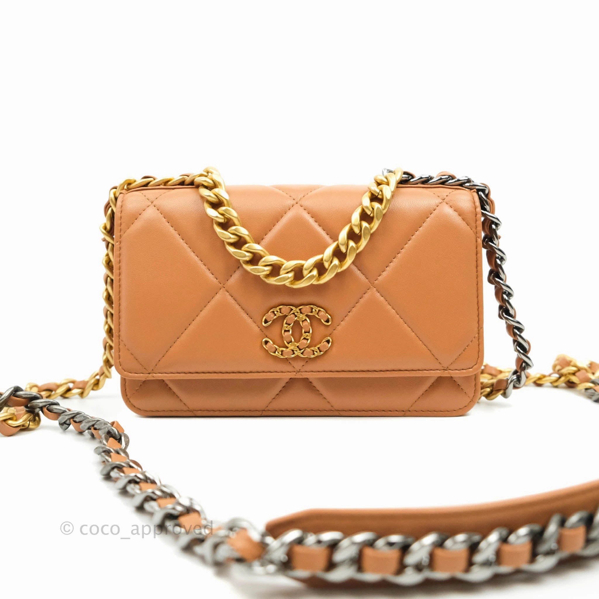 Chanel 19 Wallet on Chain WOC Dark Beige Caramel Lambskin Mixed Hardware 21K
