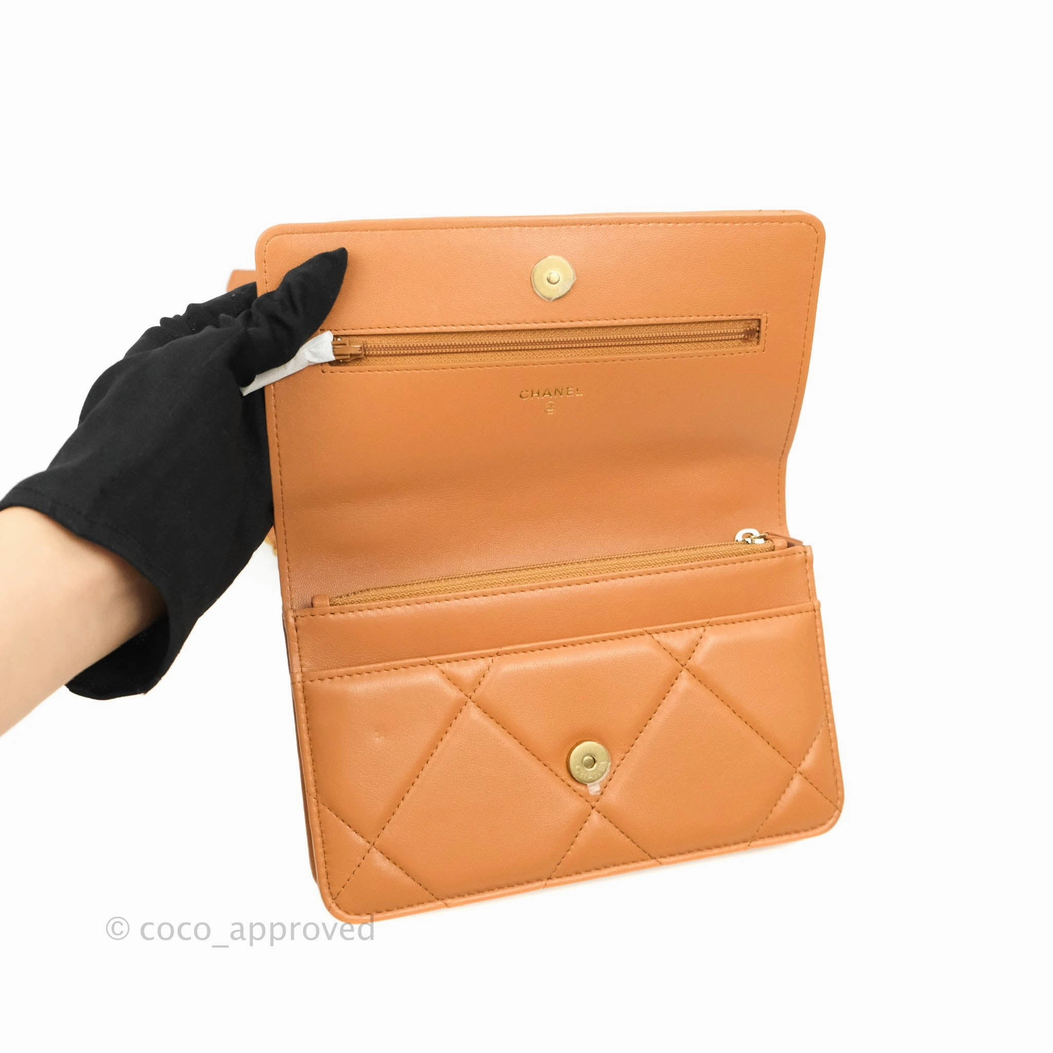 Chanel 19 Wallet on Chain WOC Dark Beige Caramel Lambskin Mixed Hardware 21K