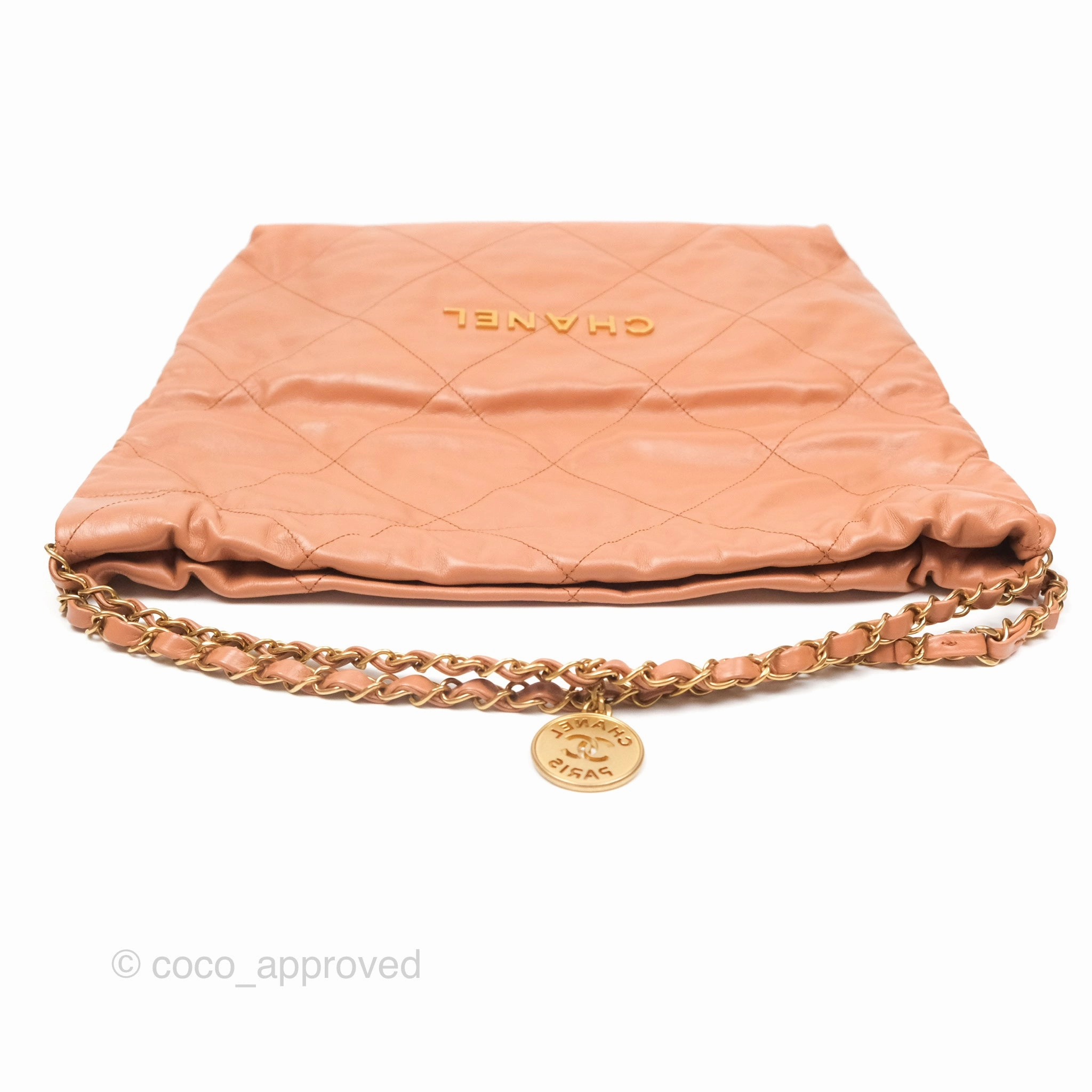 Chanel 22 Medium Caramel Beige Shiny Calfskin Aged Gold Hardware