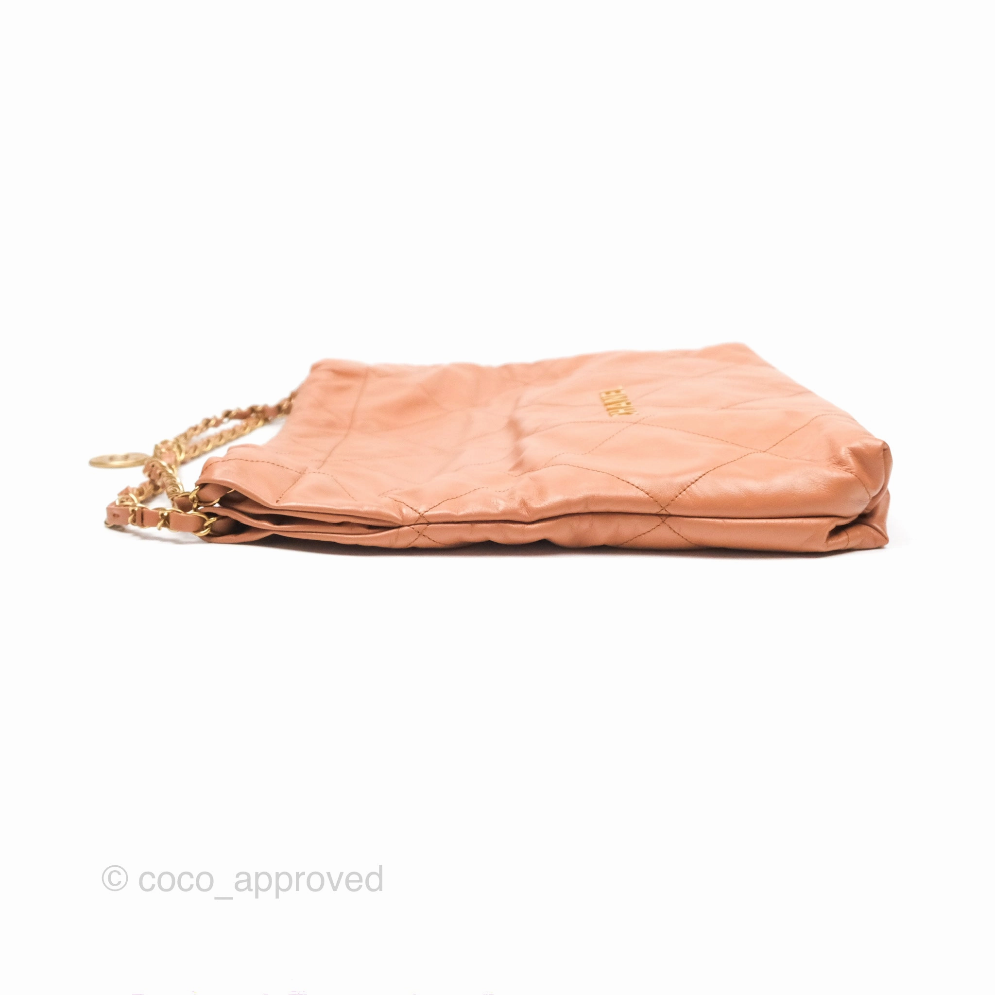 Chanel 22 Medium Caramel Beige Shiny Calfskin Aged Gold Hardware