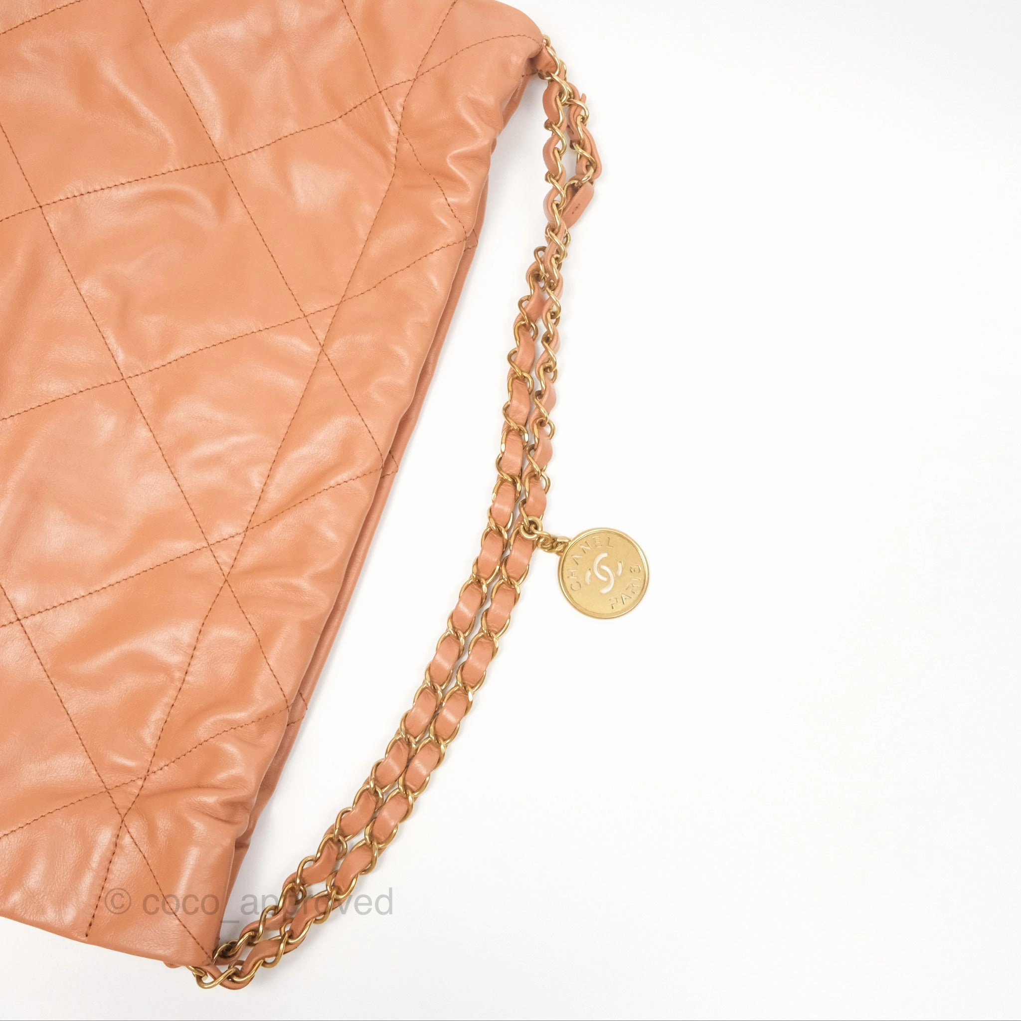 Chanel 22 Medium Caramel Beige Shiny Calfskin Aged Gold Hardware