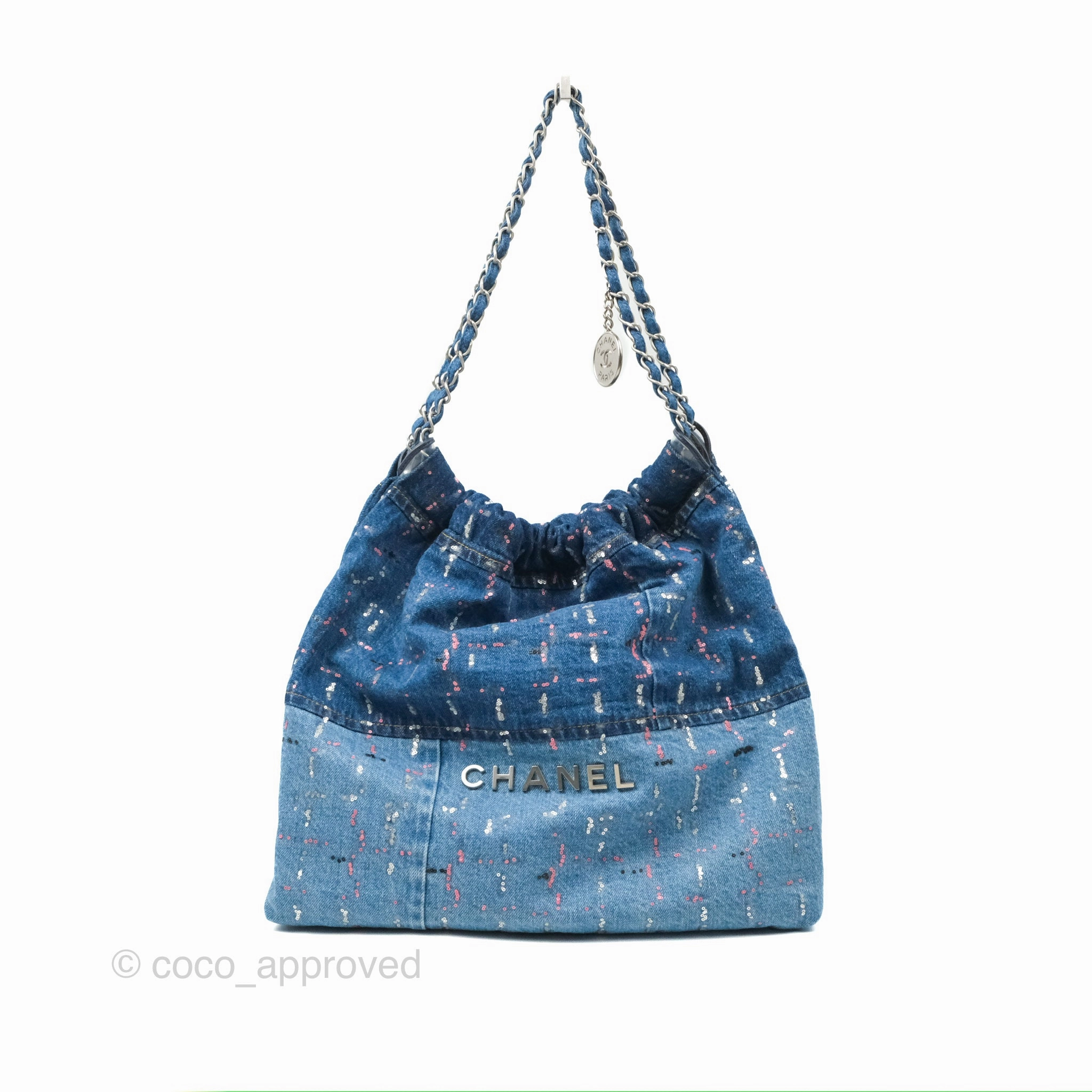 Chanel 22 Medium Denim Sequins Aged Silver Hardware