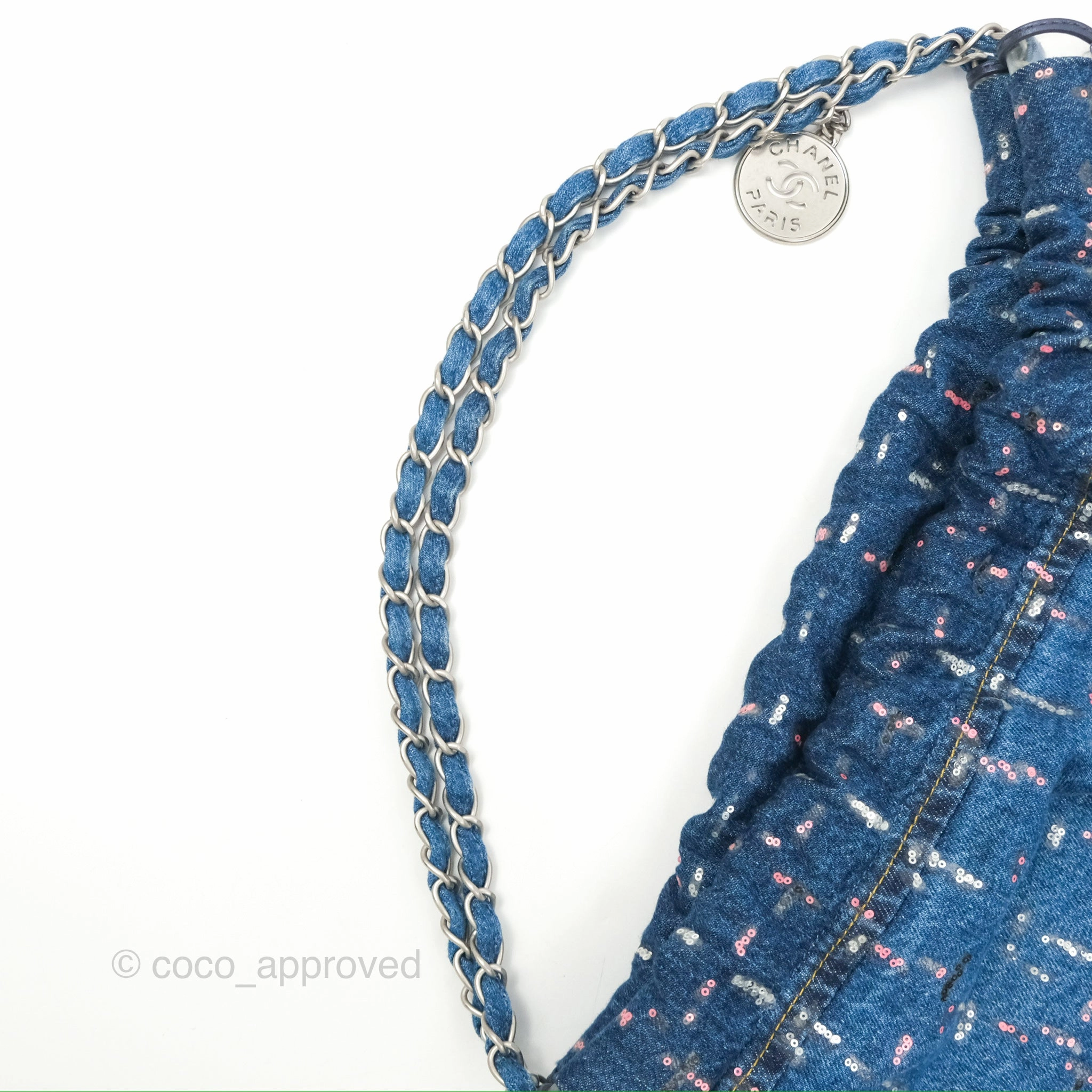 Chanel 22 Medium Denim Sequins Aged Silver Hardware