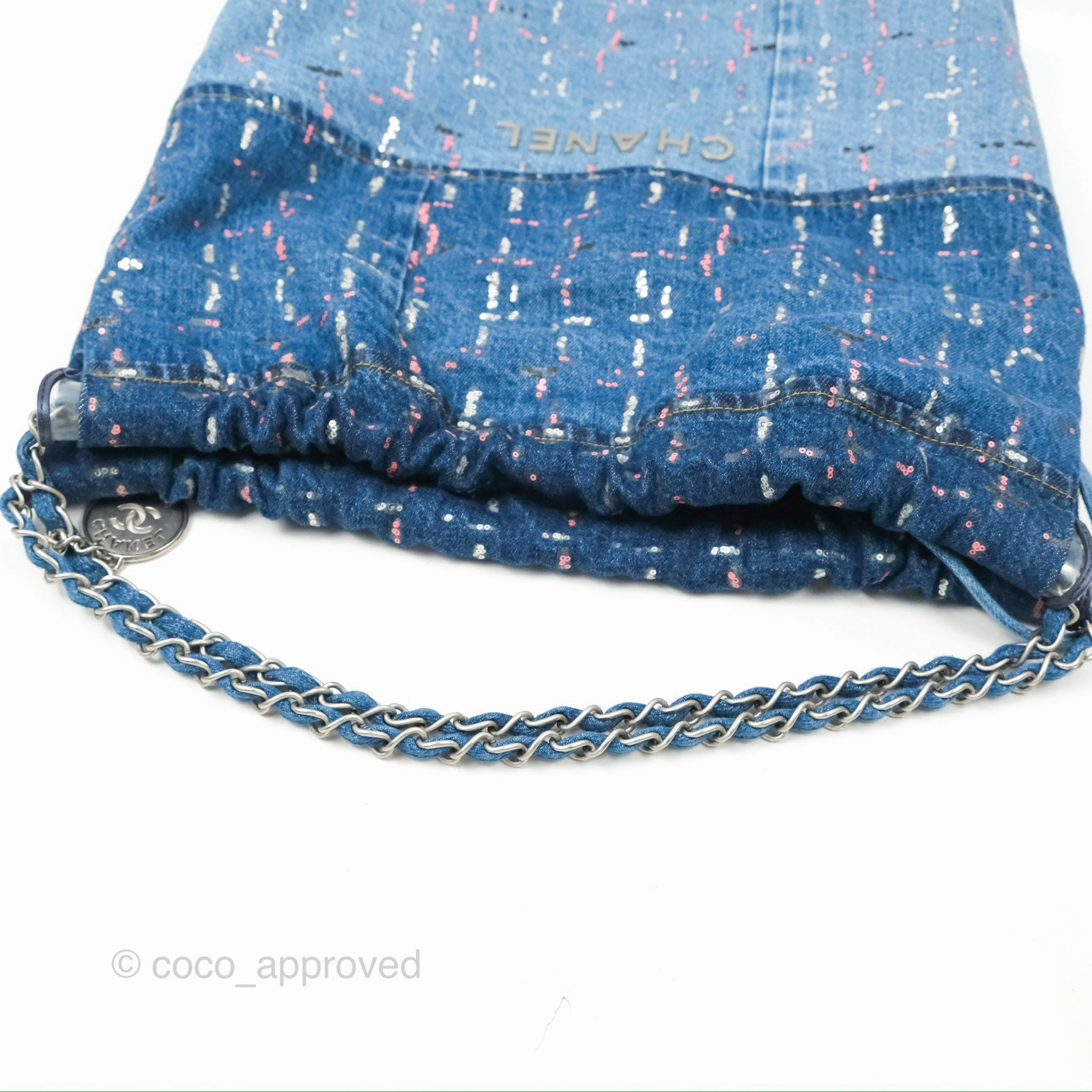 Chanel 22 Medium Denim Sequins Aged Silver Hardware