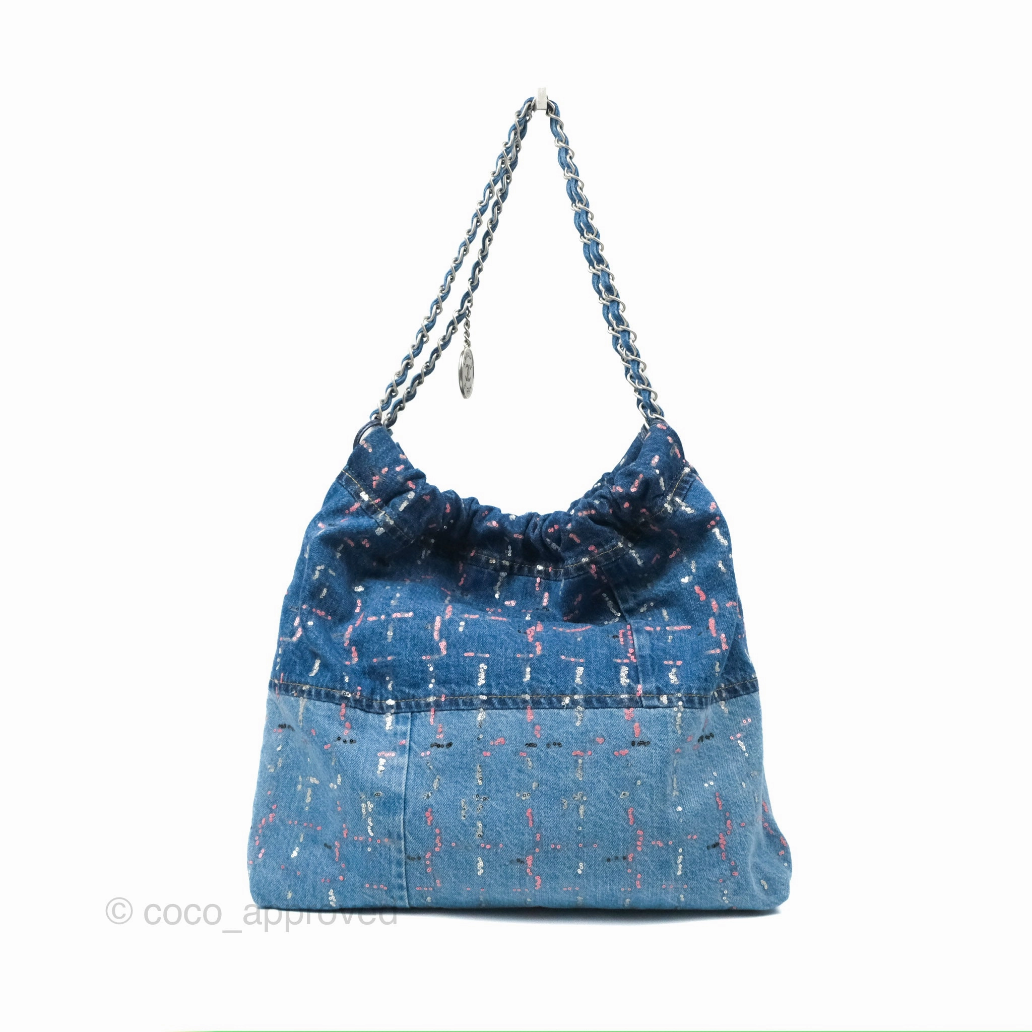 Chanel 22 Medium Denim Sequins Aged Silver Hardware