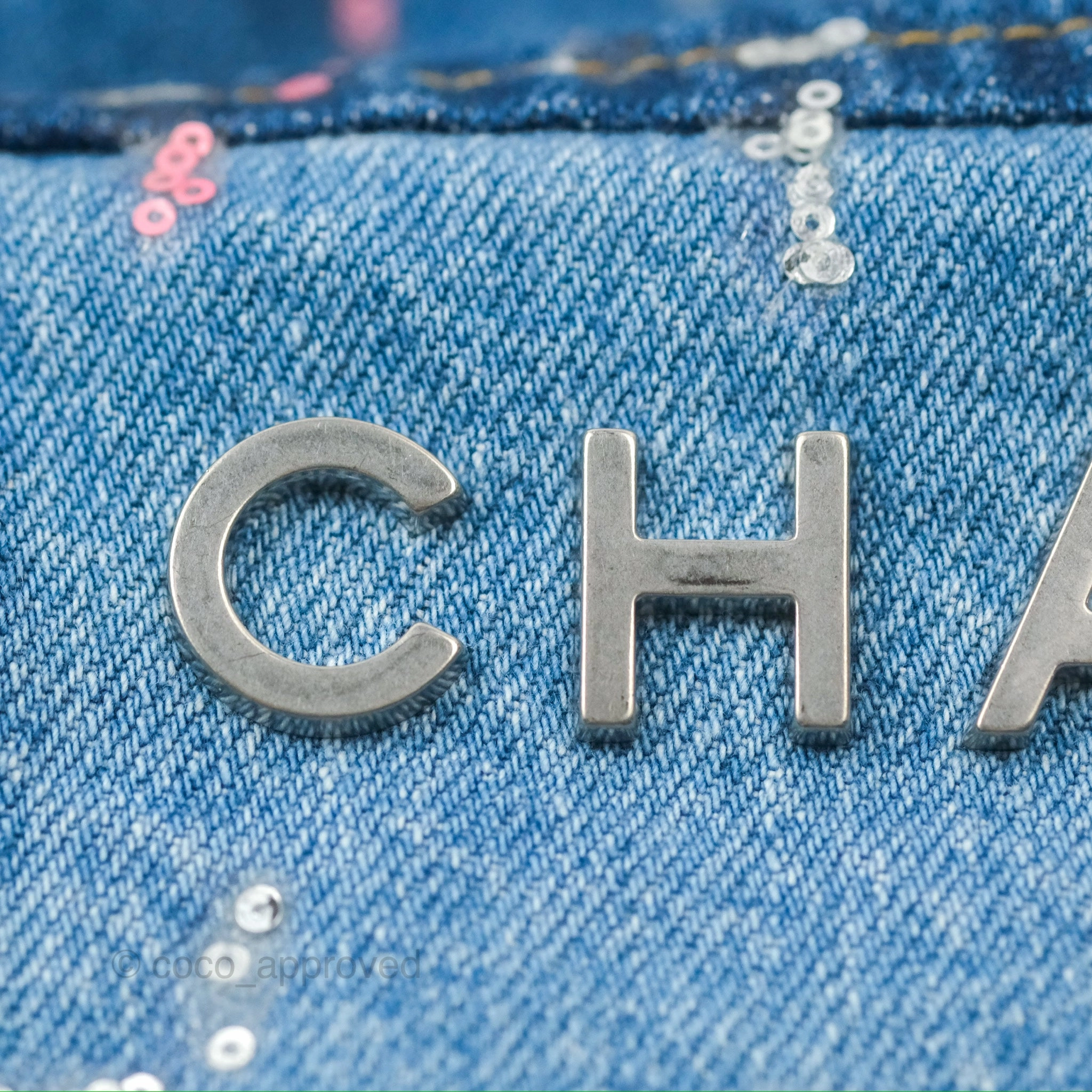 Chanel 22 Medium Denim Sequins Aged Silver Hardware