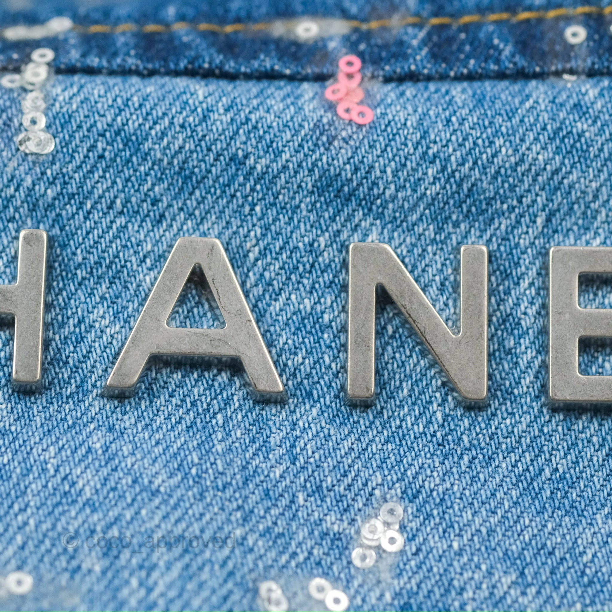 Chanel 22 Medium Denim Sequins Aged Silver Hardware