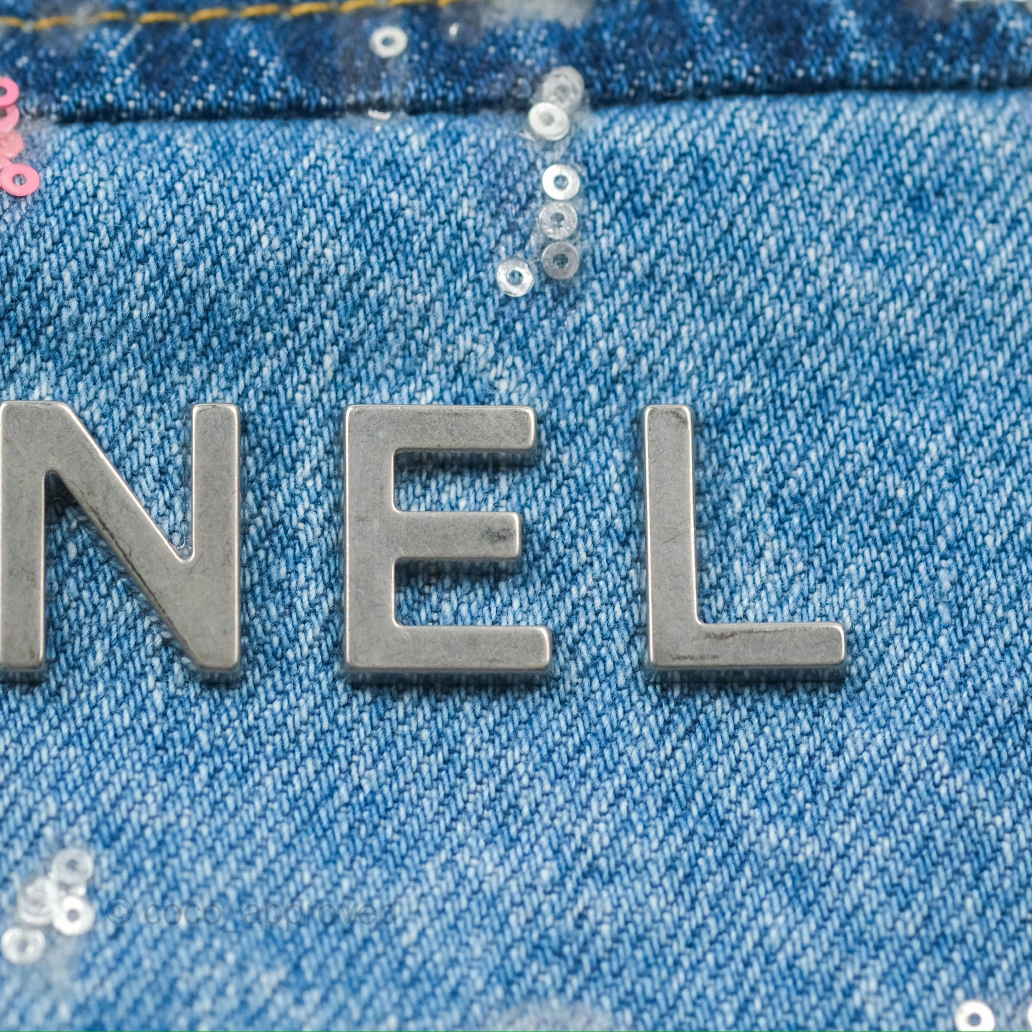 Chanel 22 Medium Denim Sequins Aged Silver Hardware