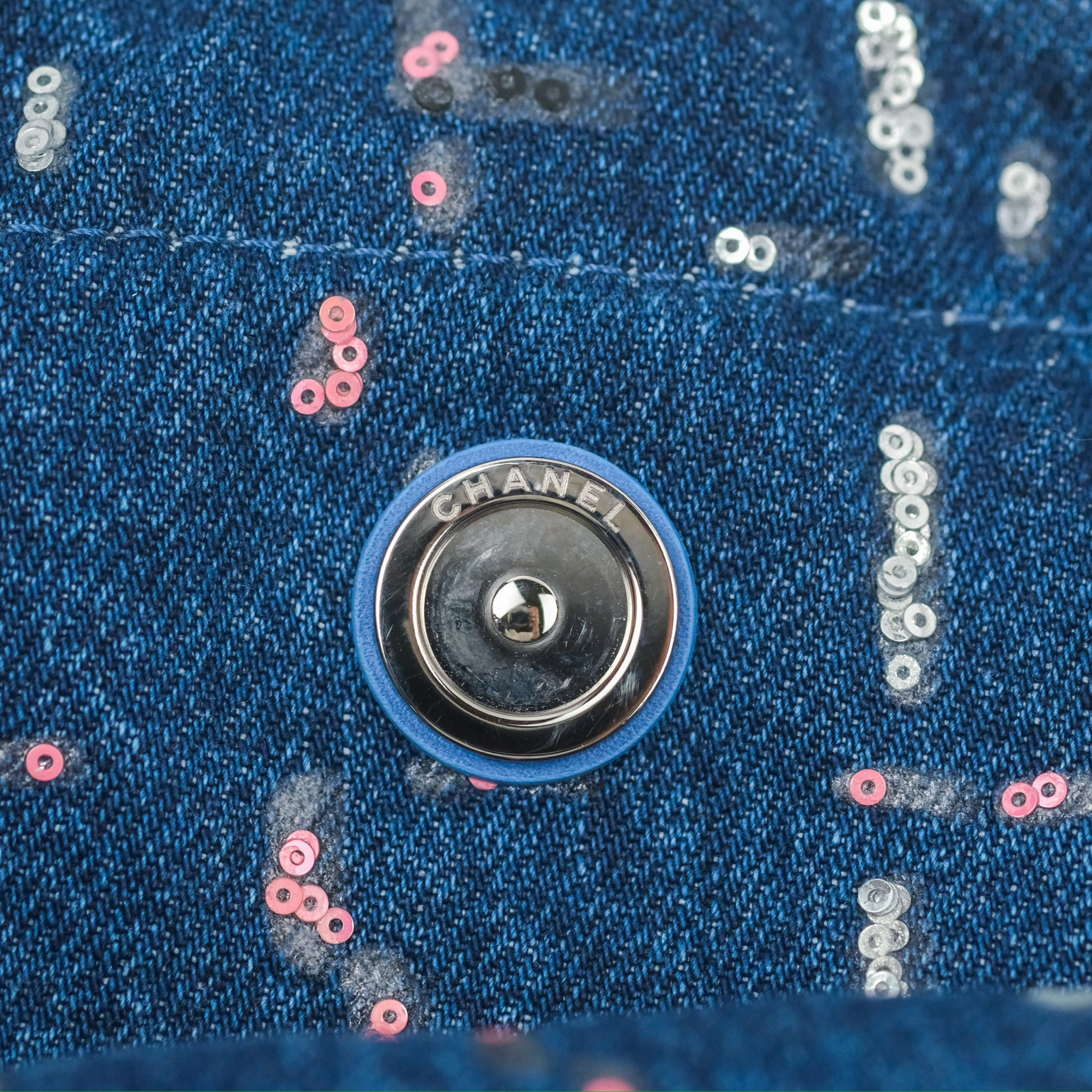 Chanel 22 Medium Denim Sequins Aged Silver Hardware