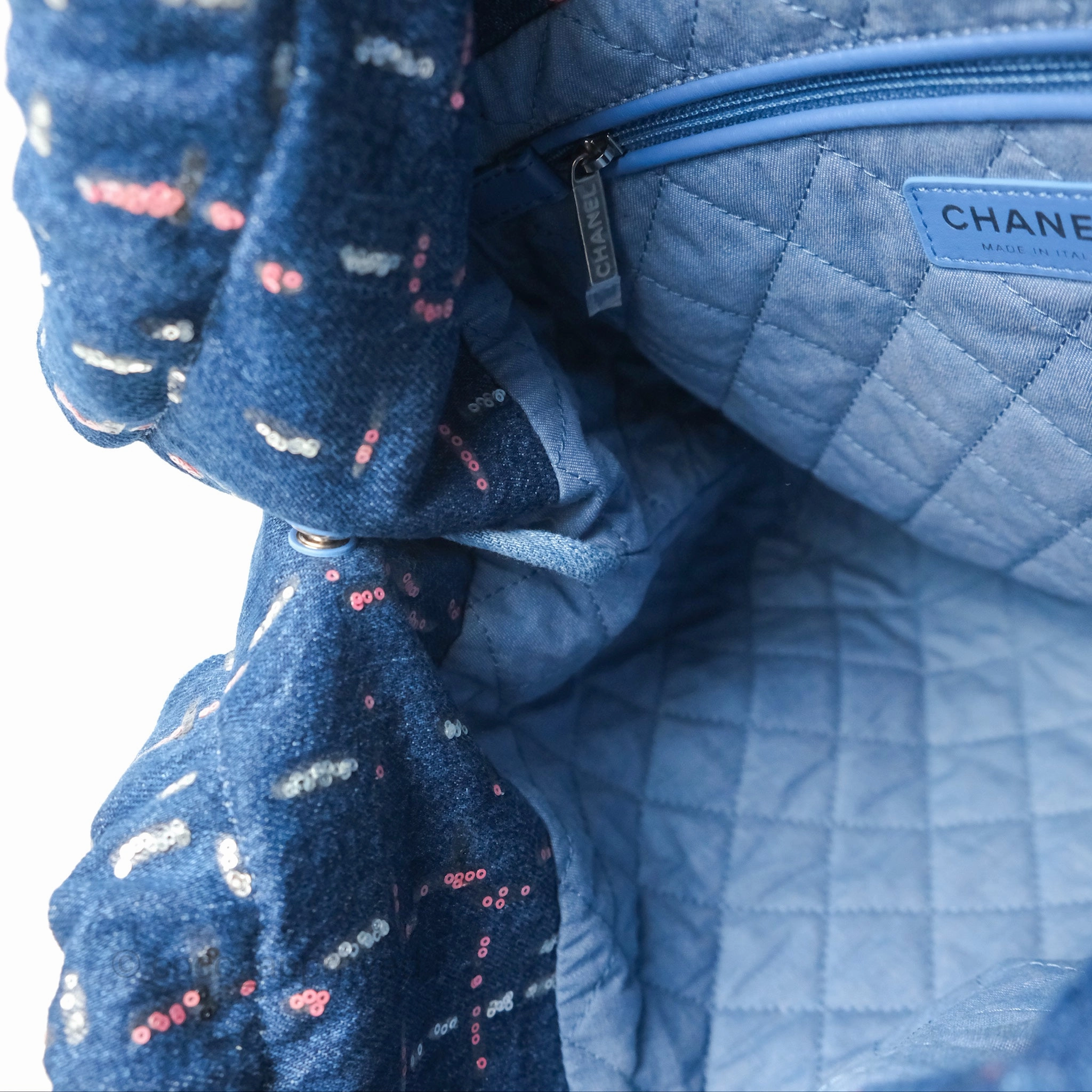 Chanel 22 Medium Denim Sequins Aged Silver Hardware