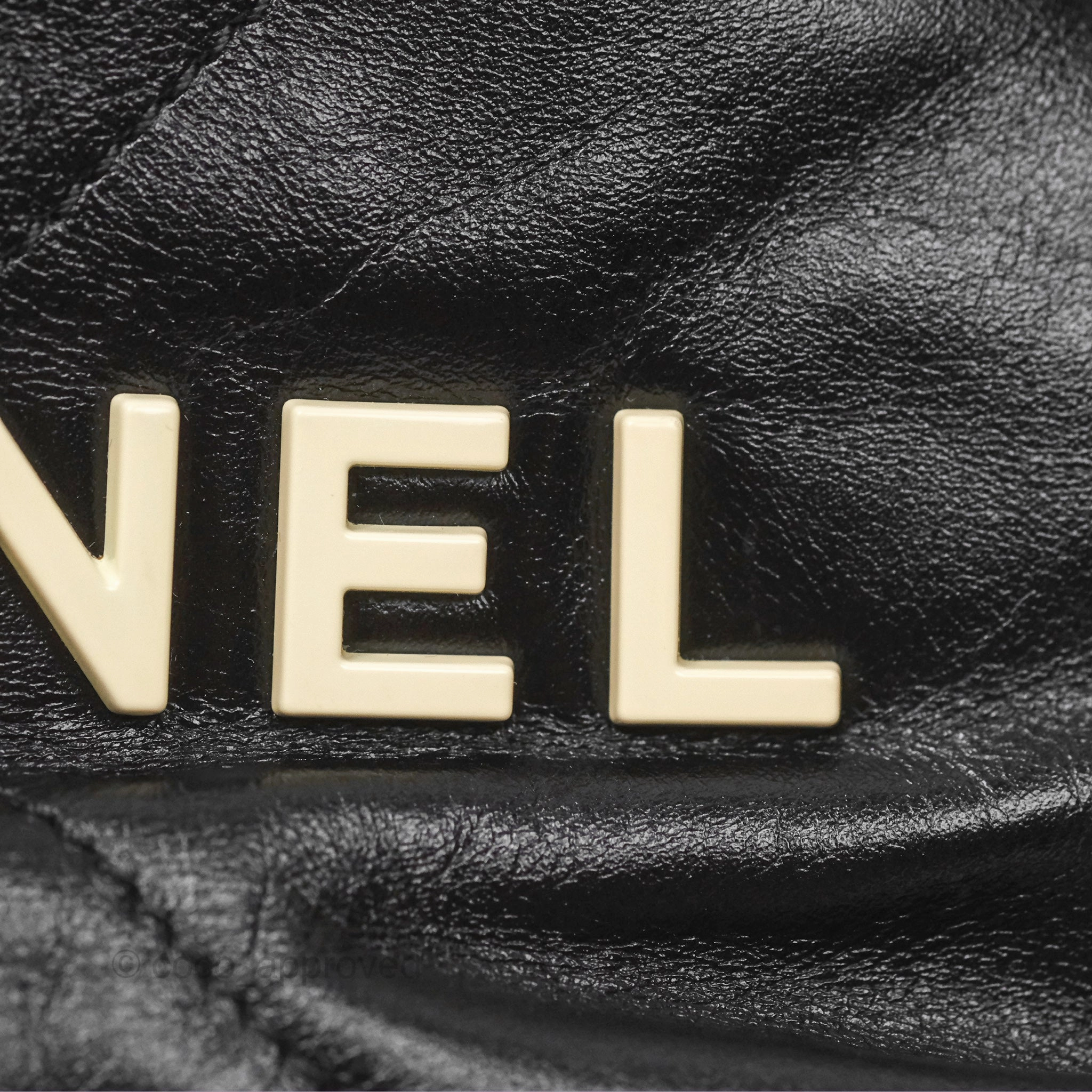 Chanel 22 Mini Bag Black Crumpled Calfskin White Lacquered Metal Logo