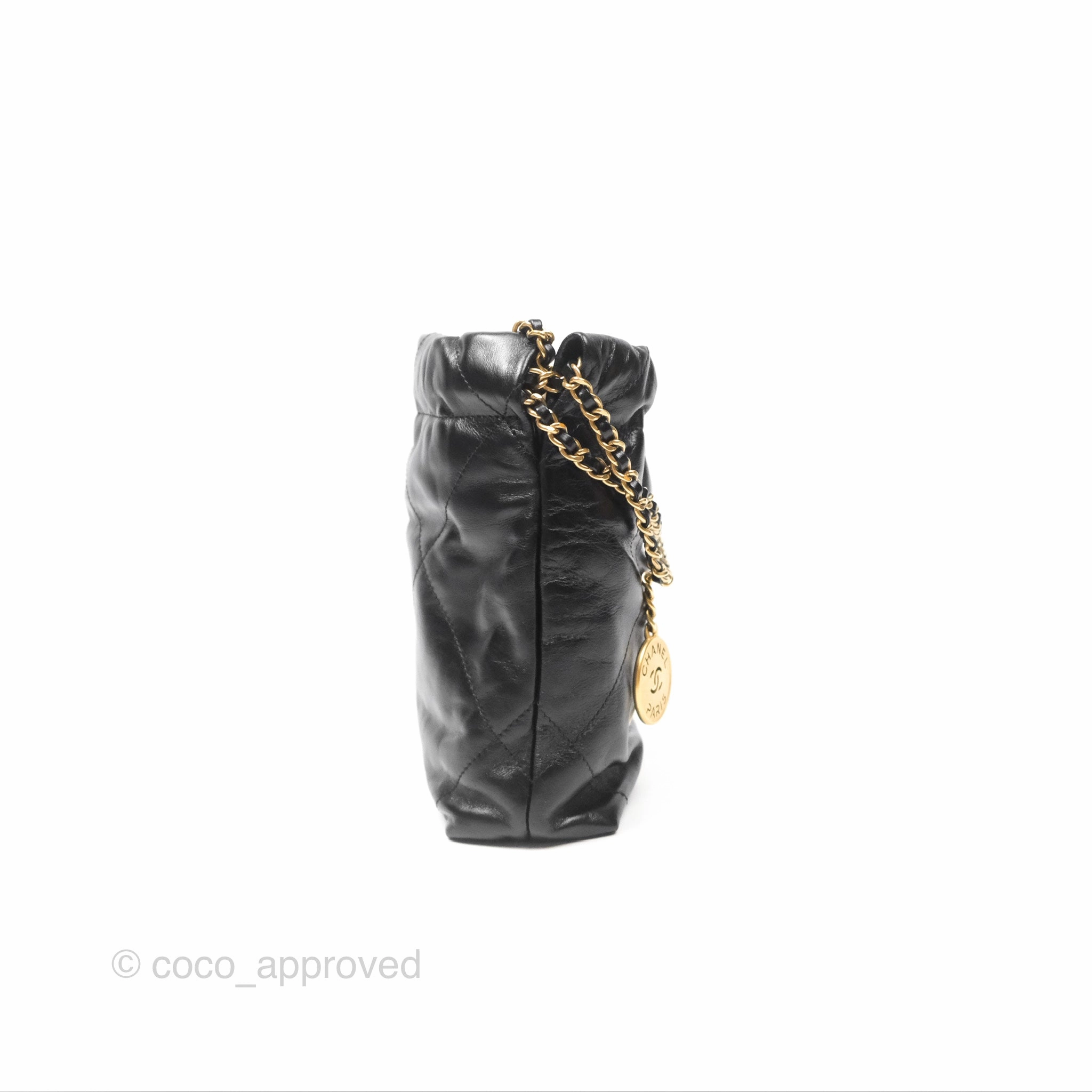 Chanel 22 Mini Bag Black Crumpled Calfskin White Lacquered Metal Logo