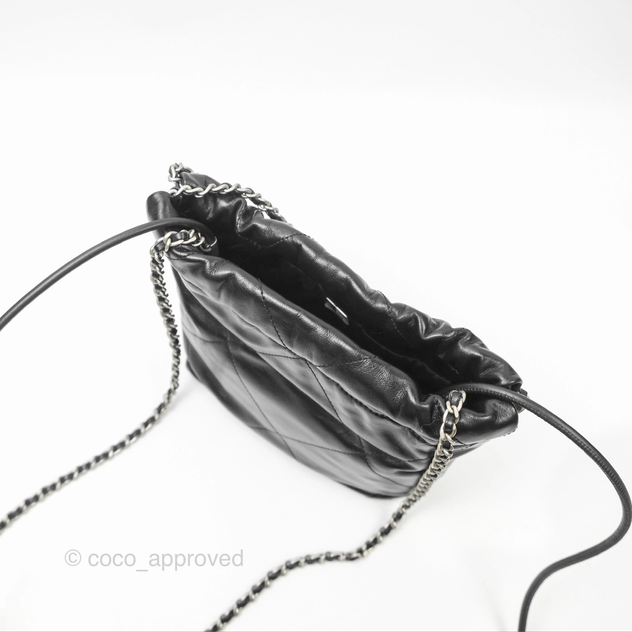 Chanel 22 Mini Bag Black Shiny Crumpled Calfskin Matte Silver Hardware