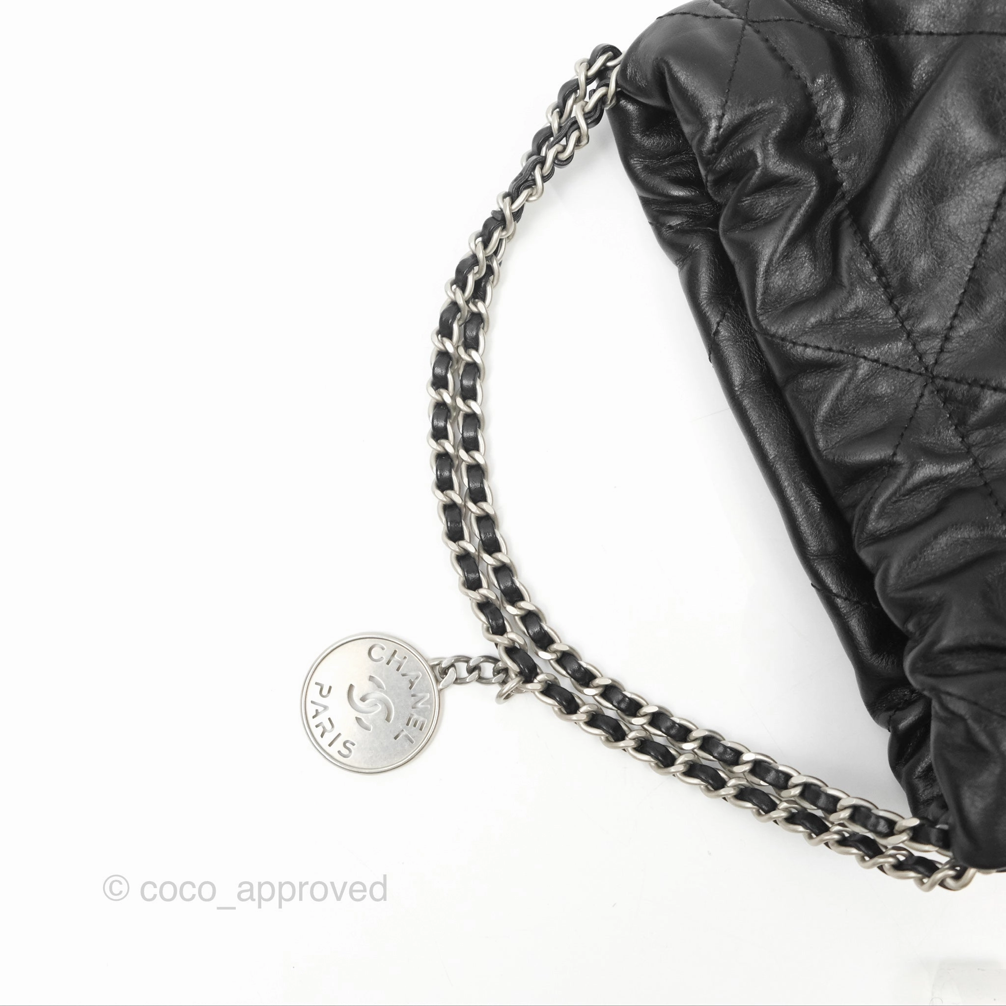 Chanel 22 Mini Bag Black Shiny Crumpled Calfskin Matte Silver Hardware