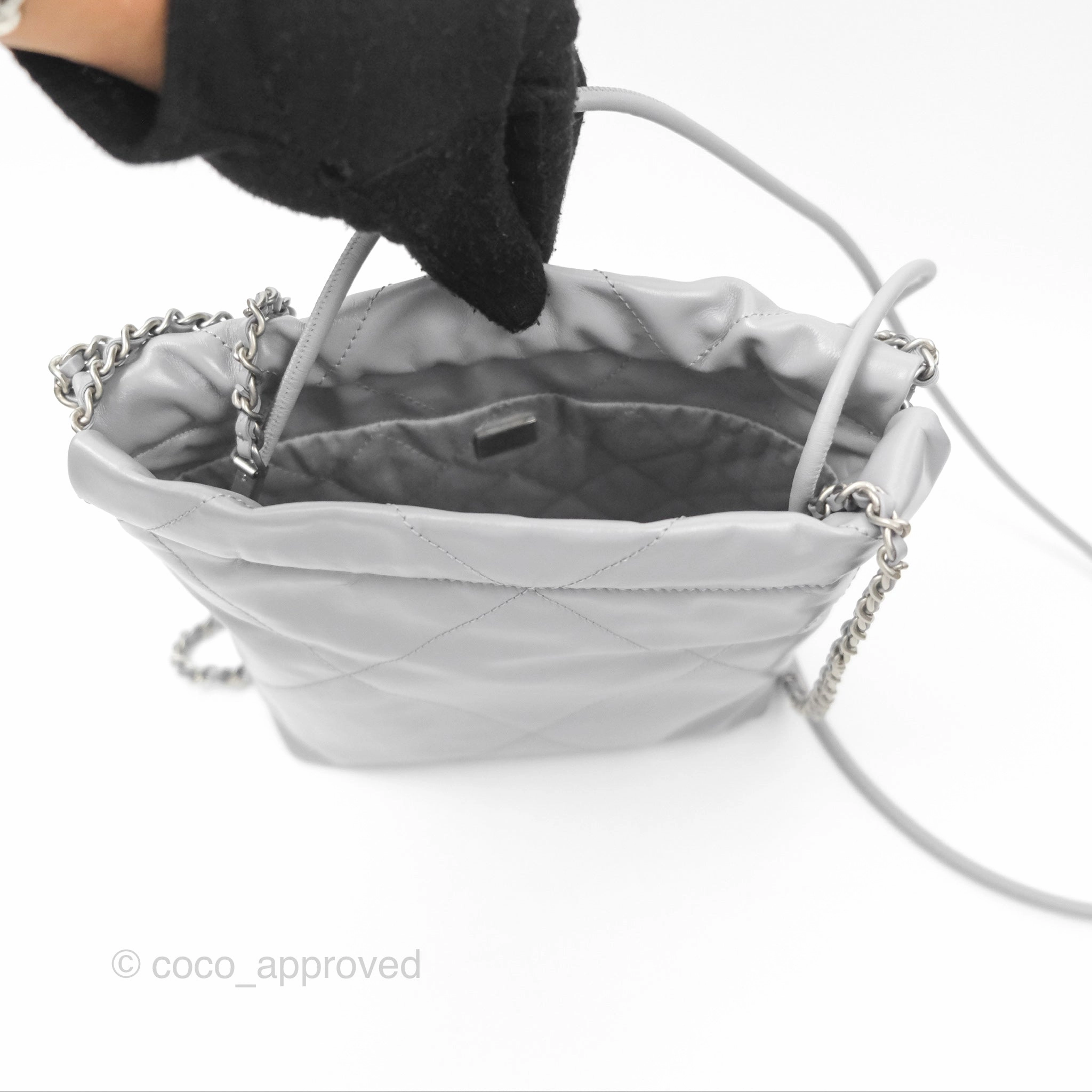 Chanel 22 Mini Bag Light Grey Shiny Crumpled Calfskin Matte Silver Hardware