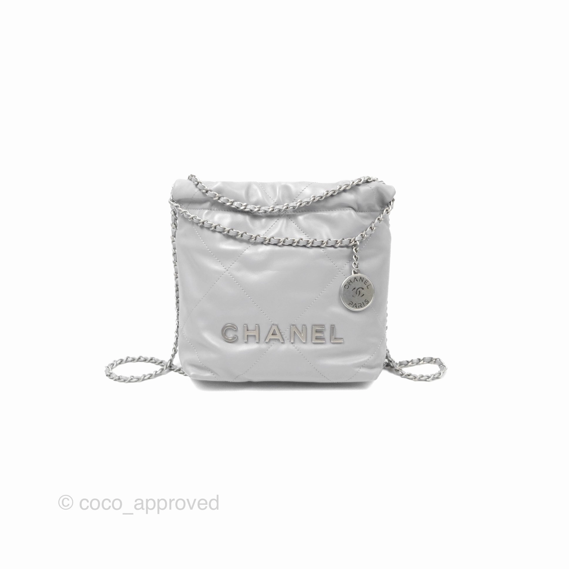 Chanel 22 Mini Bag Light Grey Shiny Crumpled Calfskin Matte Silver Hardware