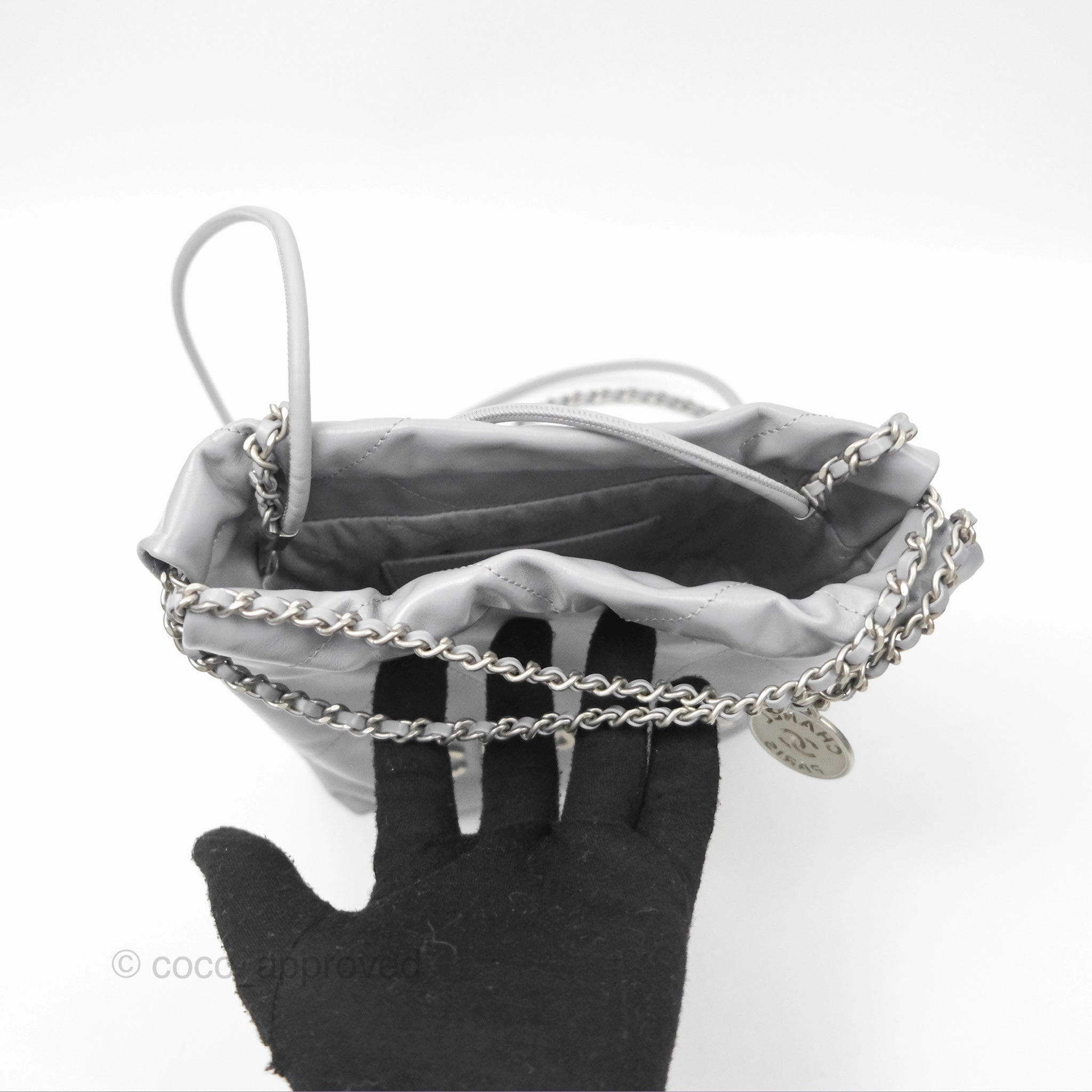 Chanel 22 Mini Bag Light Grey Shiny Crumpled Calfskin Matte Silver Hardware