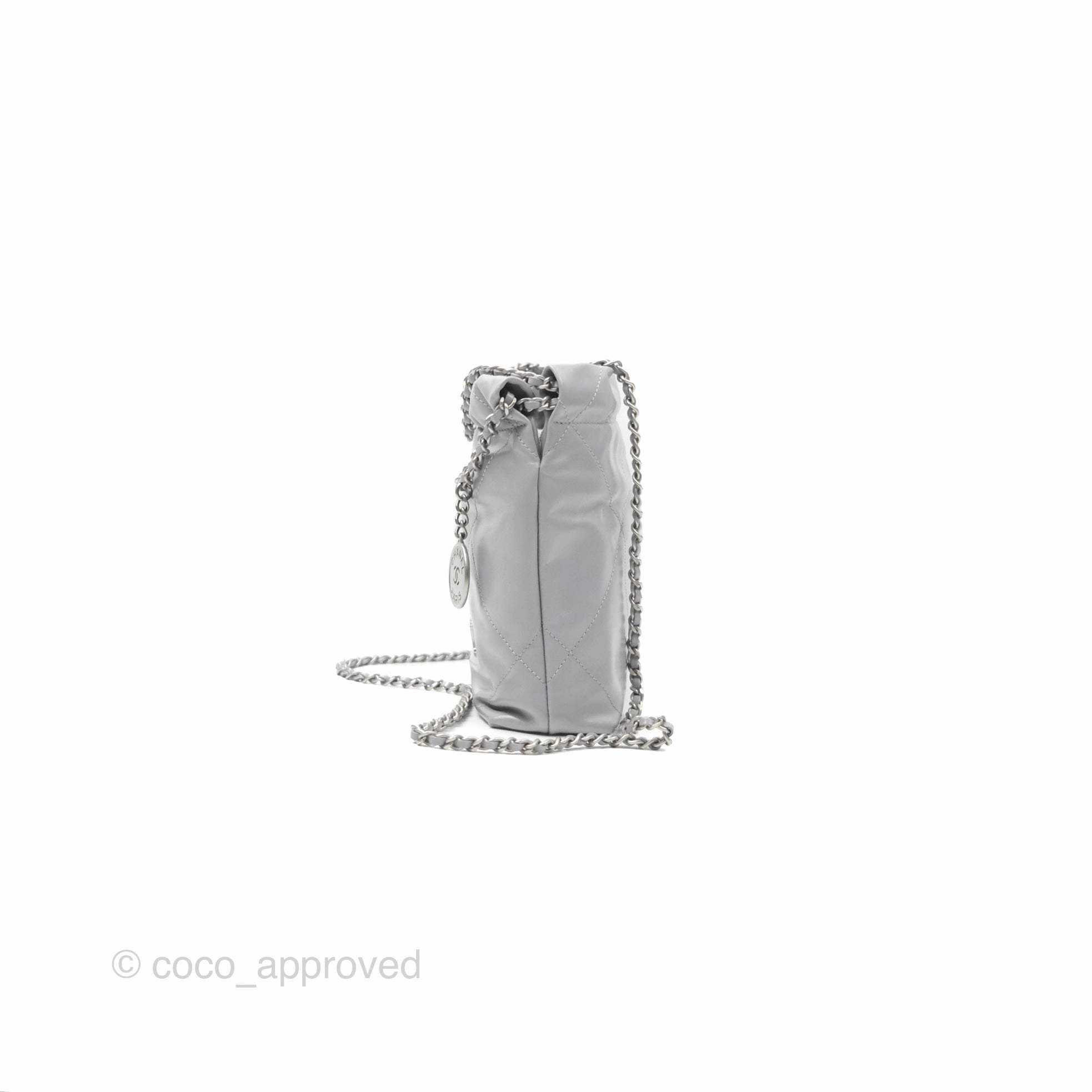 Chanel 22 Mini Bag Light Grey Shiny Crumpled Calfskin Matte Silver Hardware