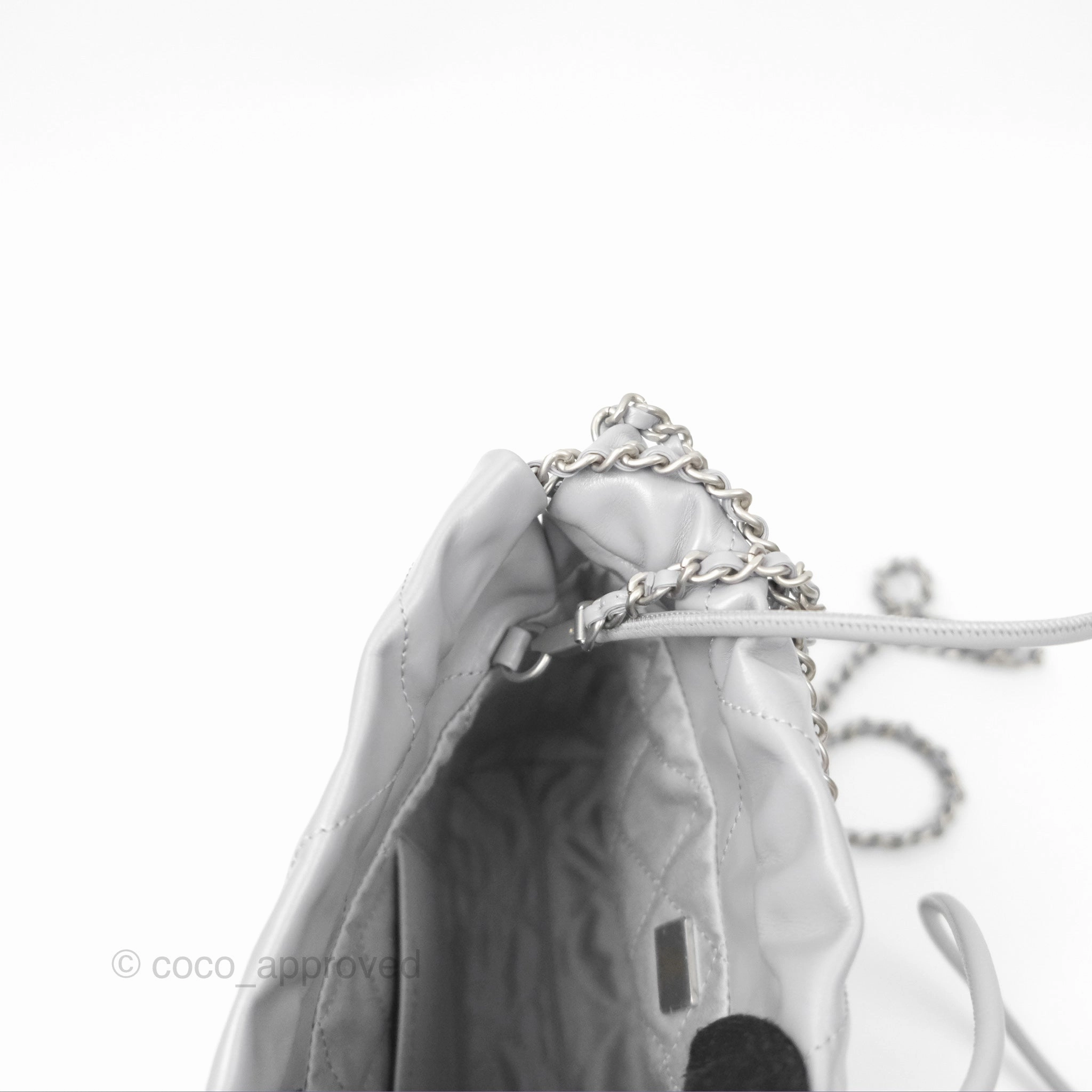 Chanel 22 Mini Bag Light Grey Shiny Crumpled Calfskin Matte Silver Hardware