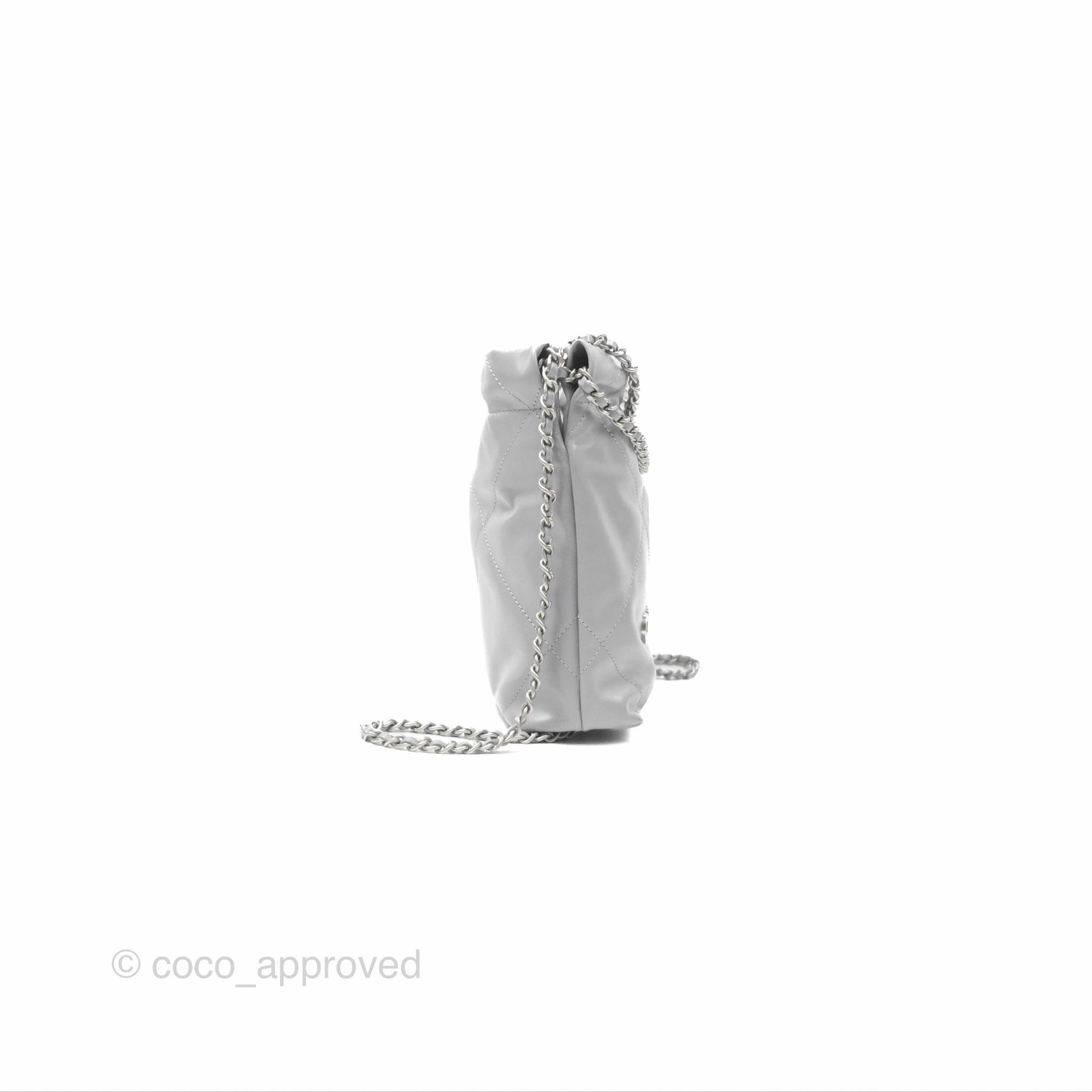 Chanel 22 Mini Bag Light Grey Shiny Crumpled Calfskin Matte Silver Hardware
