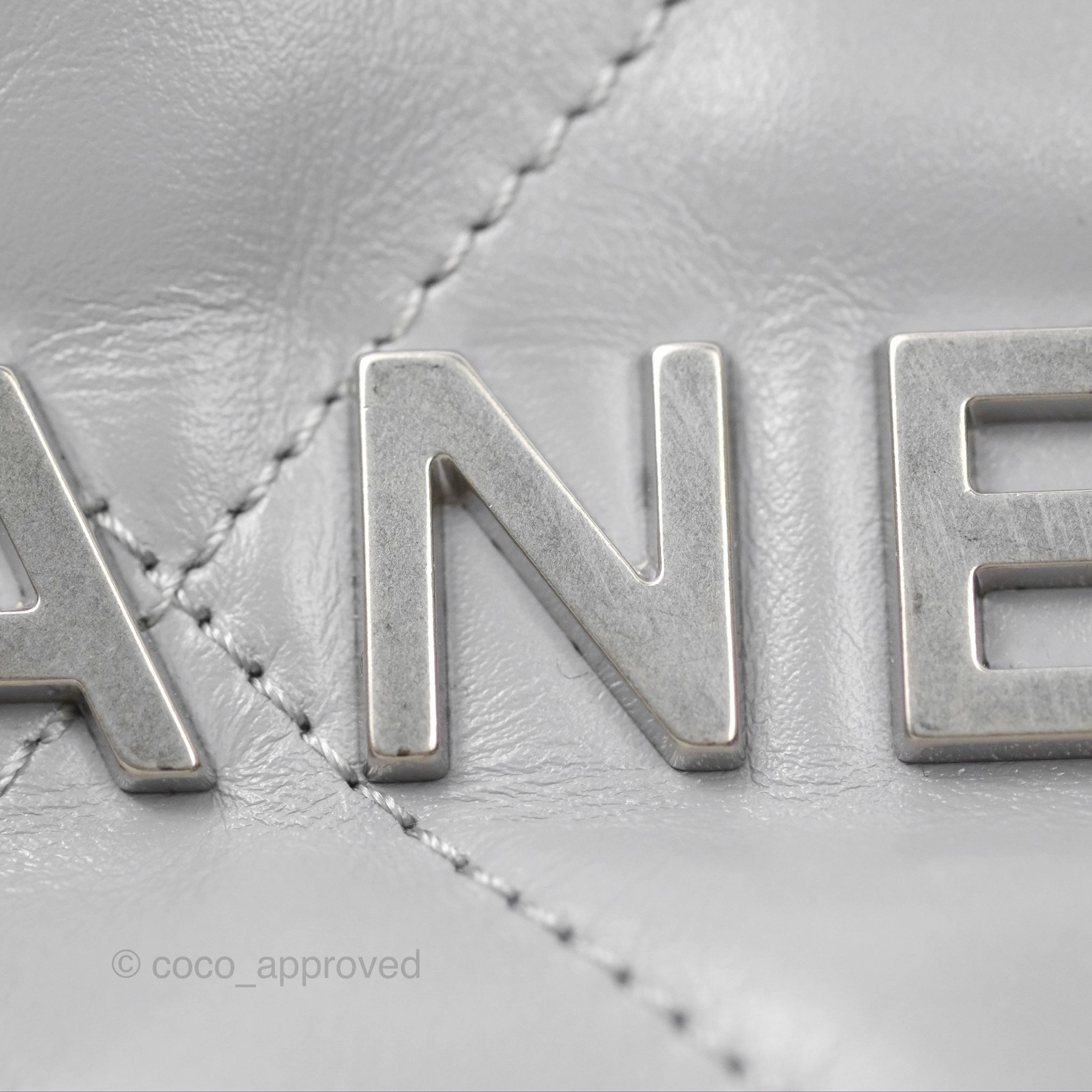 Chanel 22 Mini Bag Light Grey Shiny Crumpled Calfskin Matte Silver Hardware