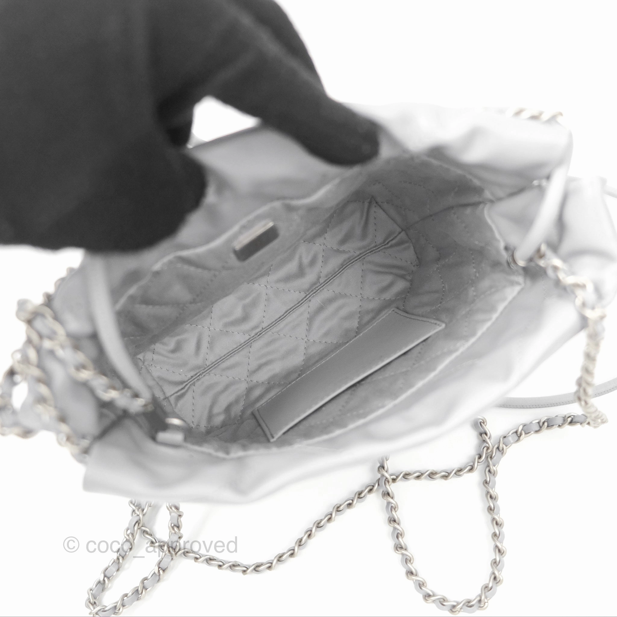 Chanel 22 Mini Bag Light Grey Shiny Crumpled Calfskin Matte Silver Hardware