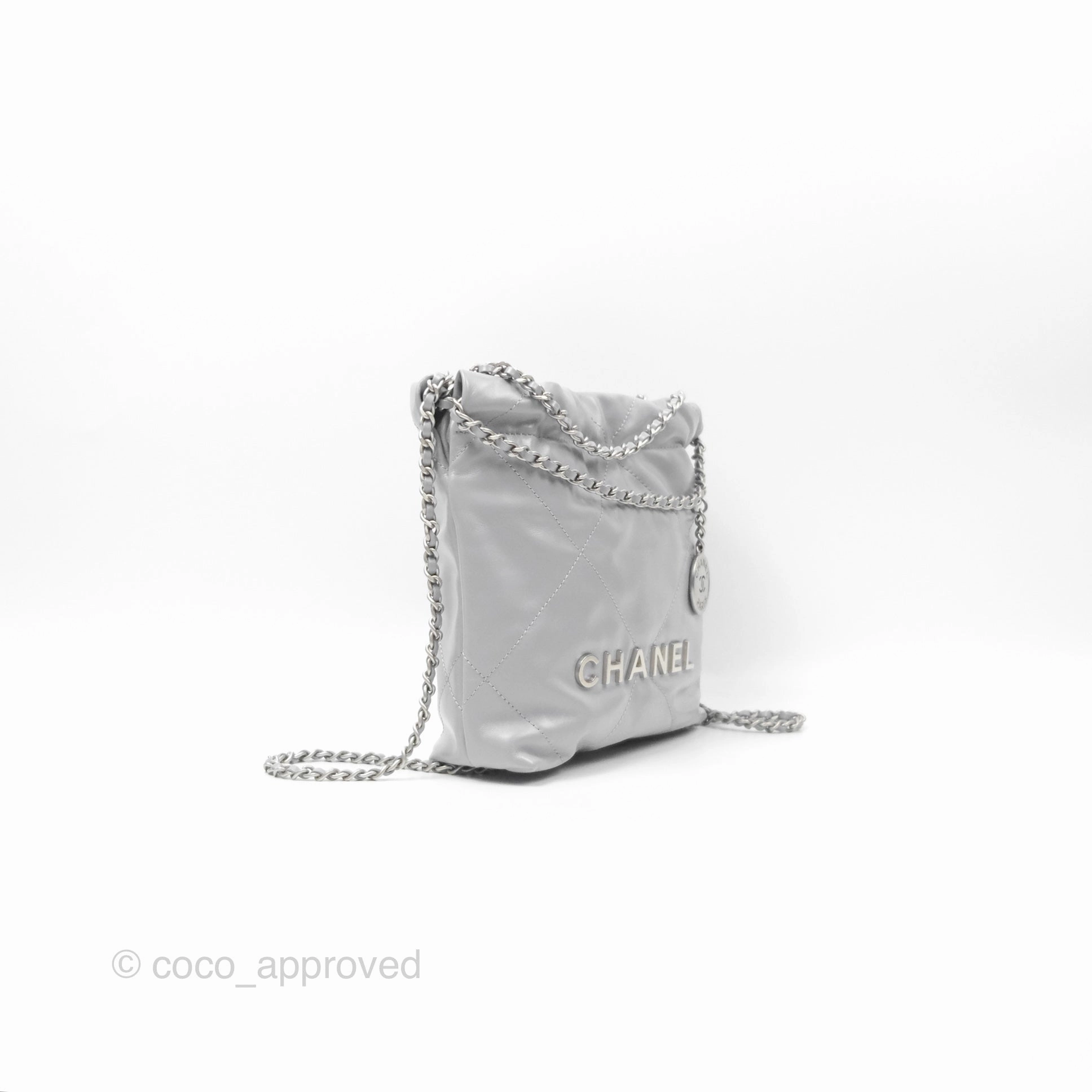Chanel 22 Mini Bag Light Grey Shiny Crumpled Calfskin Matte Silver Hardware