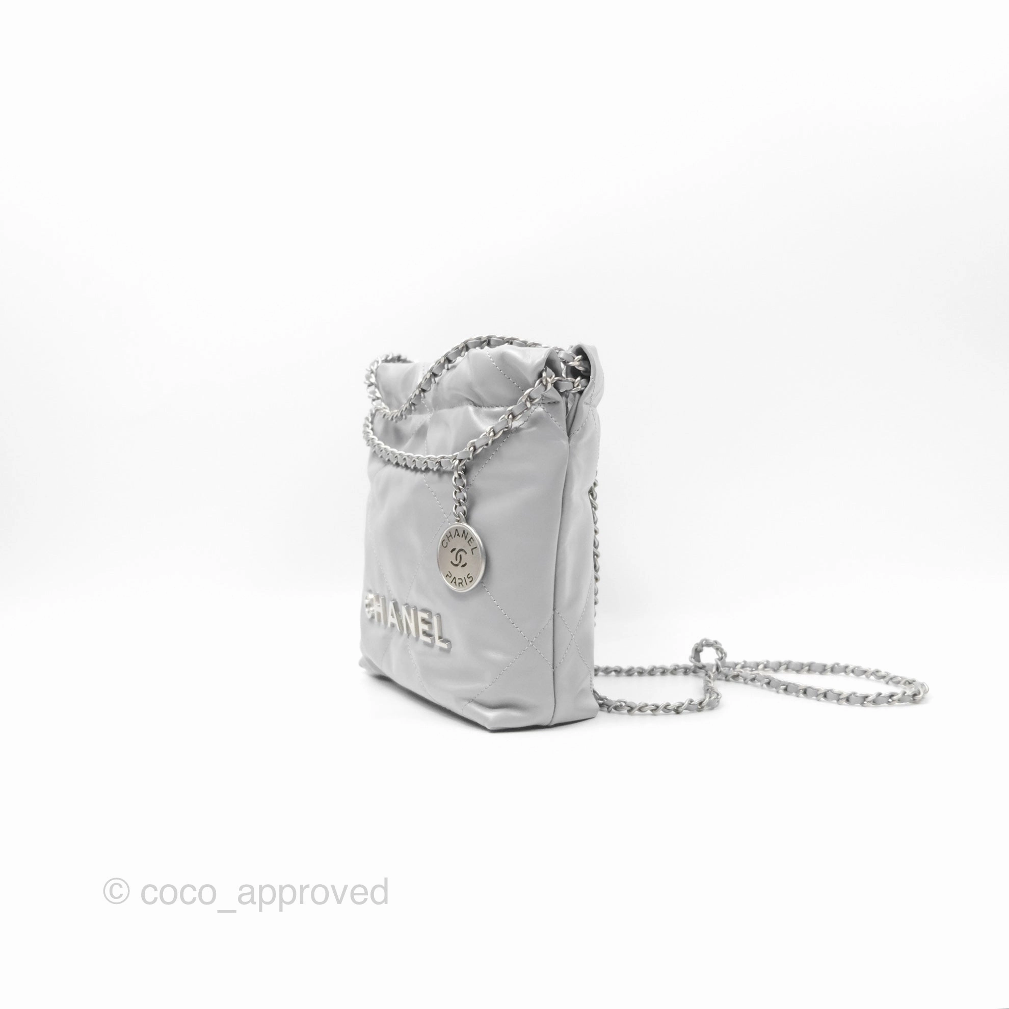 Chanel 22 Mini Bag Light Grey Shiny Crumpled Calfskin Matte Silver Hardware
