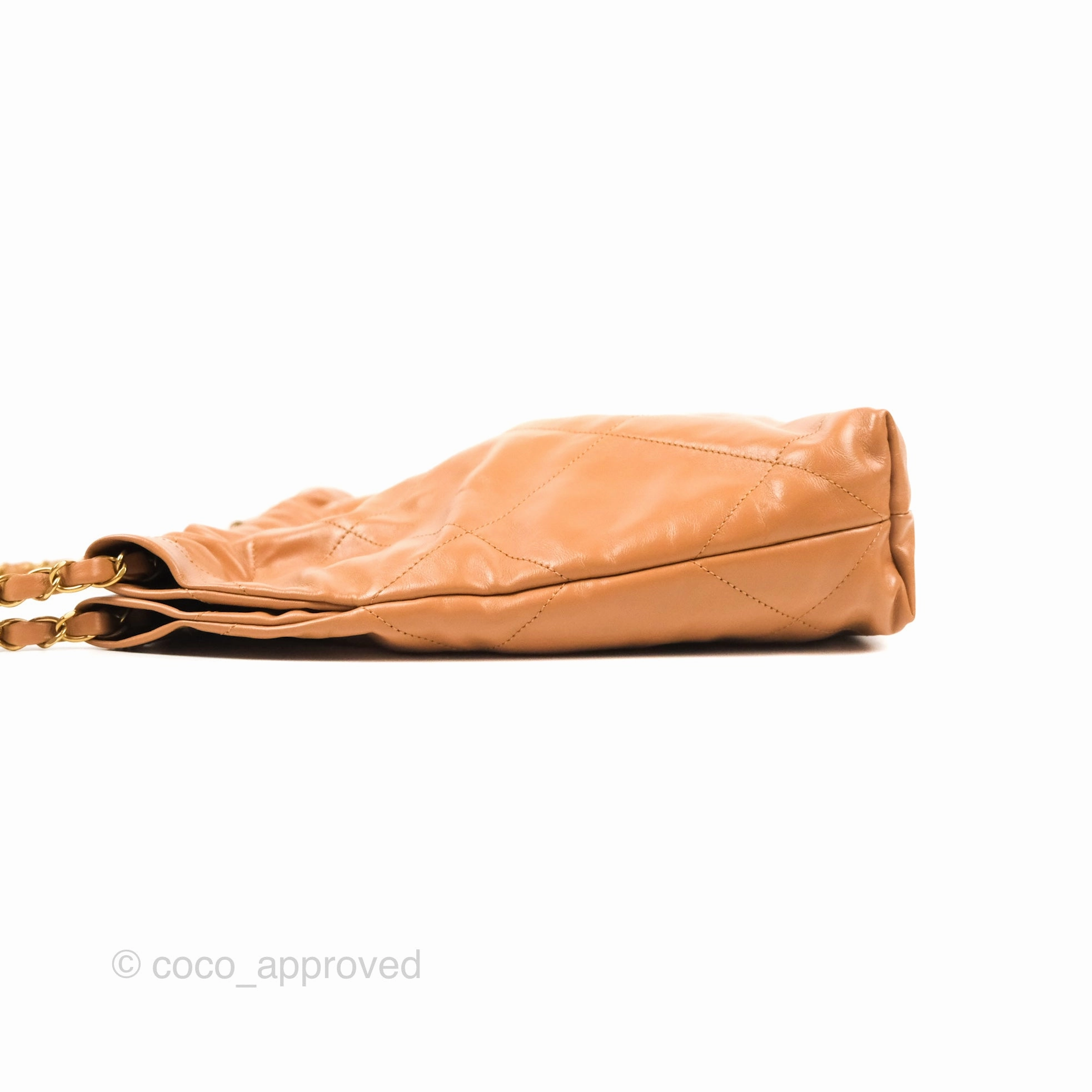 Chanel 22 Small Caramel Beige Shiny Calfskin Aged Gold Hardware