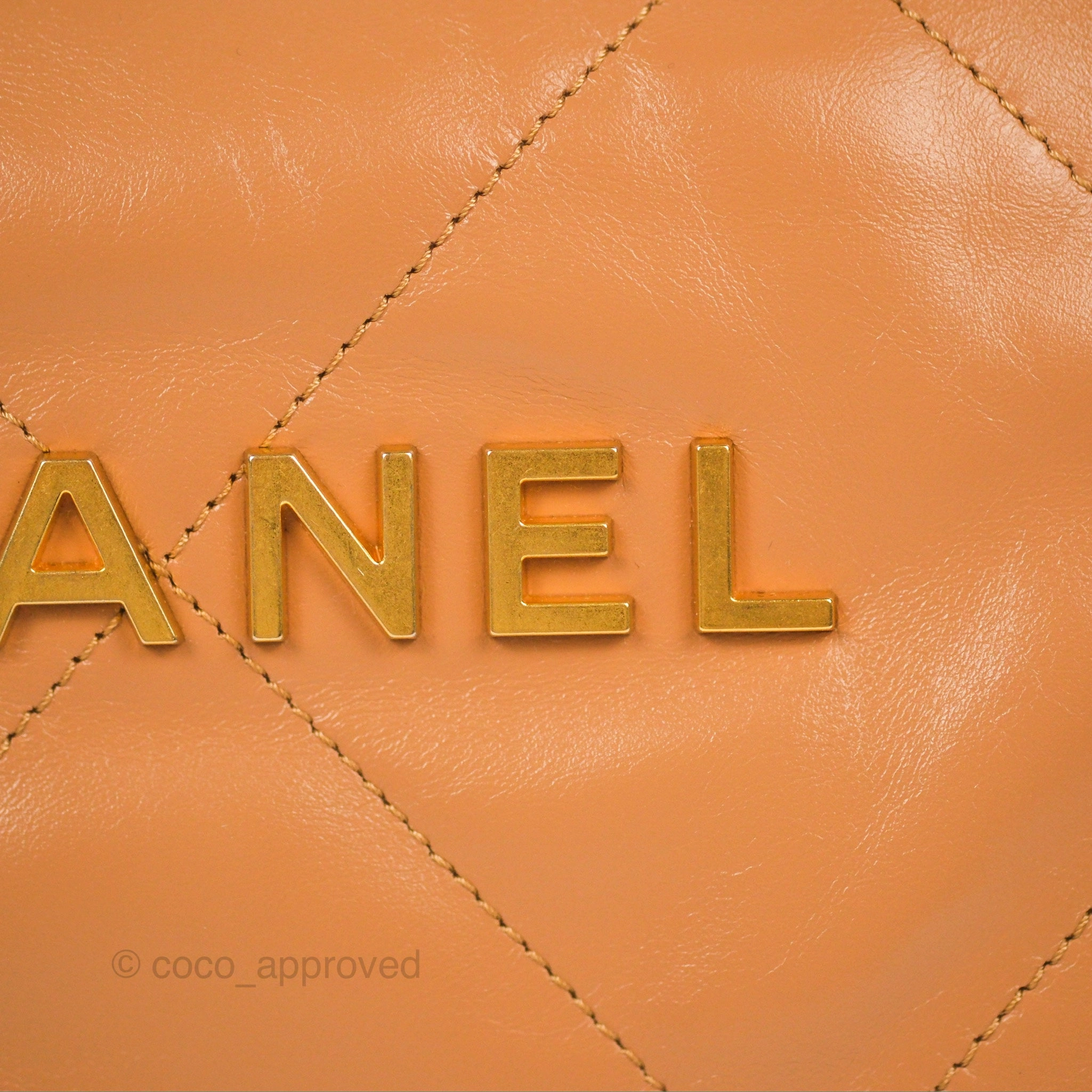 Chanel 22 Small Caramel Beige Shiny Calfskin Aged Gold Hardware