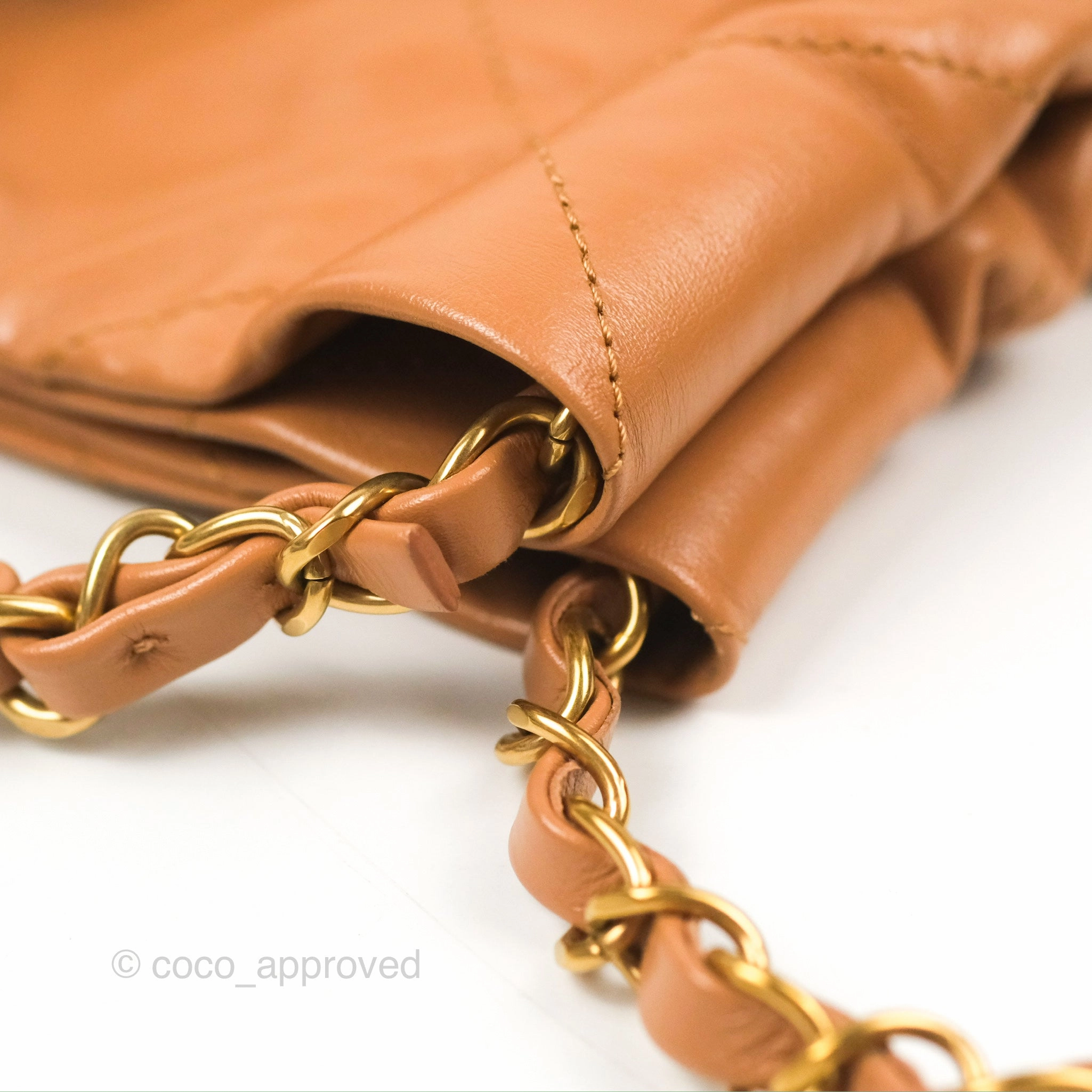 Chanel 22 Small Caramel Beige Shiny Calfskin Aged Gold Hardware