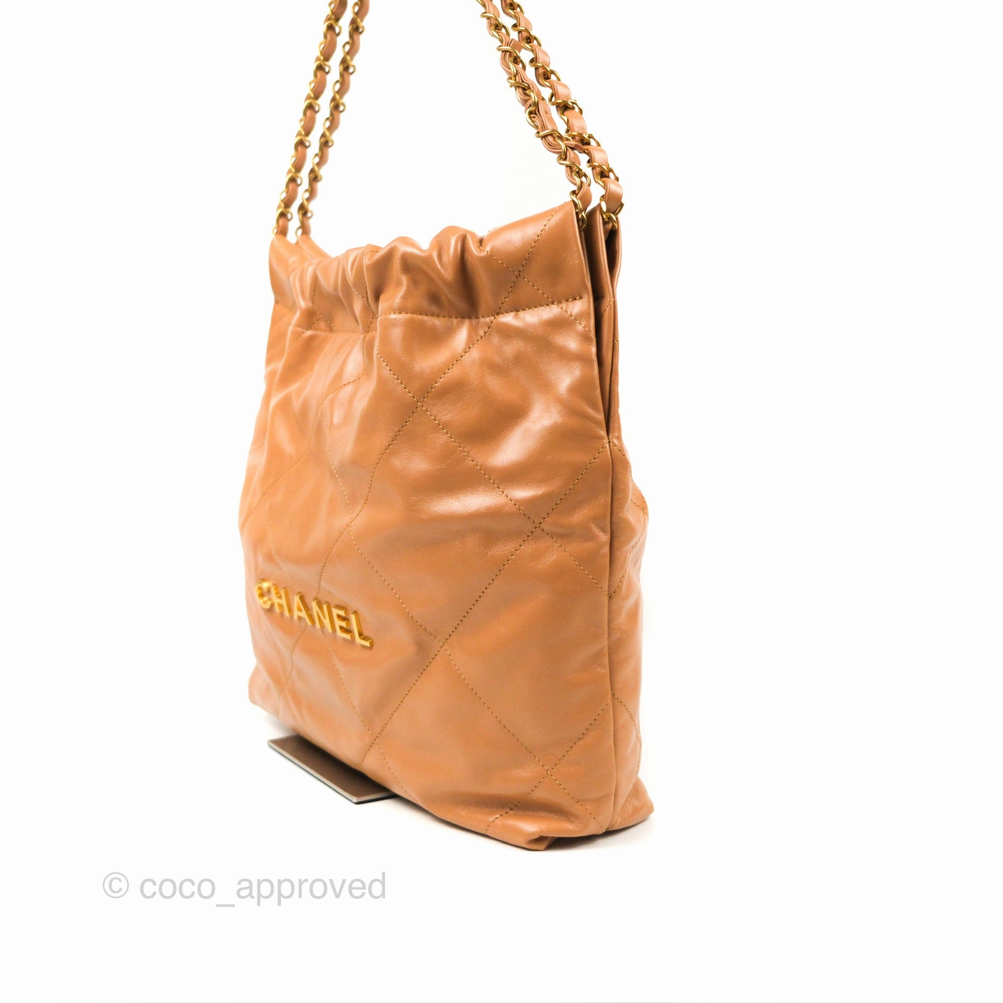 Chanel 22 Small Caramel Beige Shiny Calfskin Aged Gold Hardware