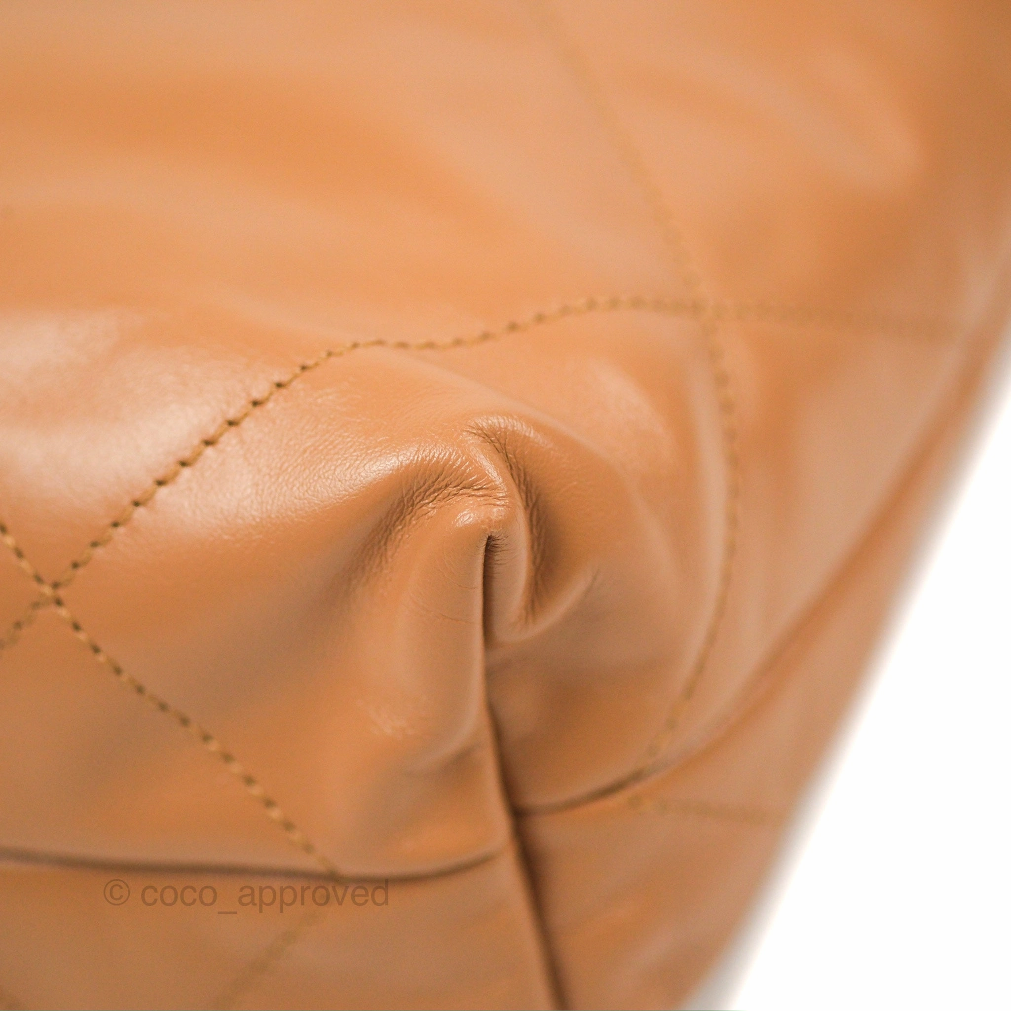 Chanel 22 Small Caramel Beige Shiny Calfskin Aged Gold Hardware